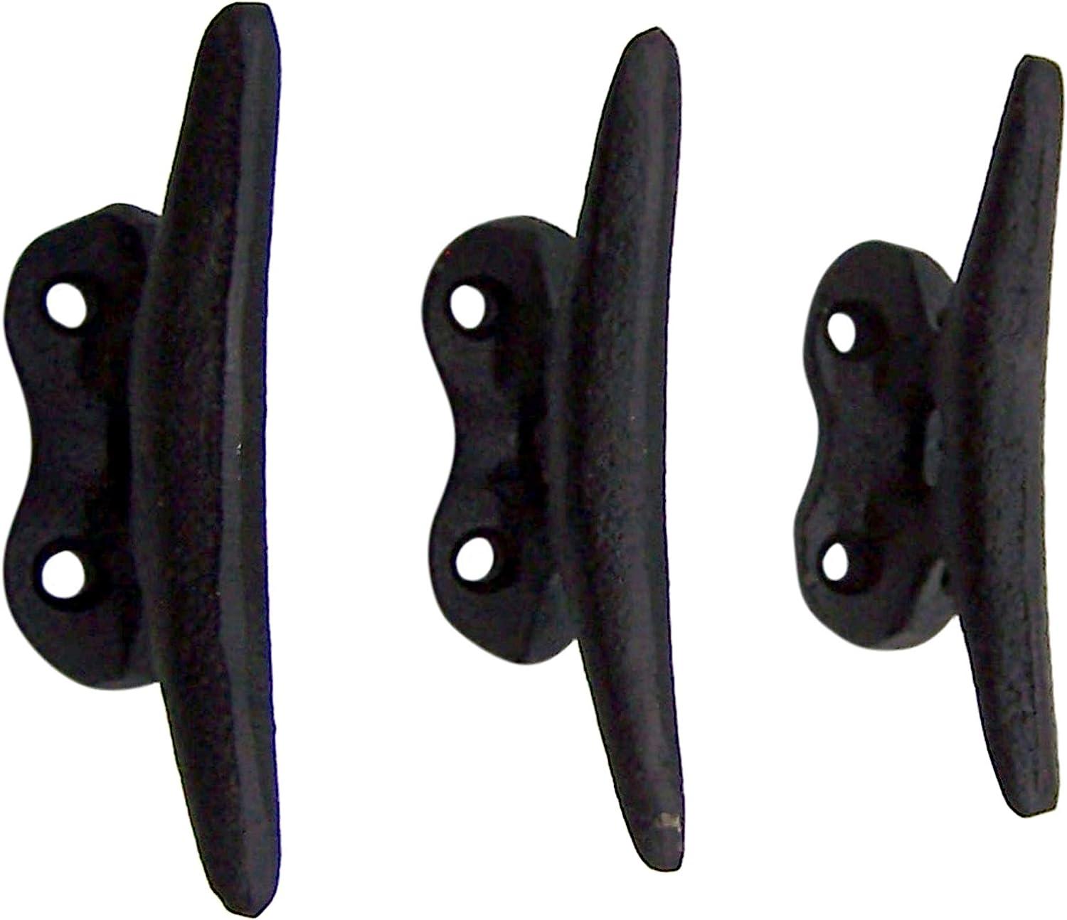 Nautical Black Cast Iron Boat Cleat Wall Hooks, 3.5 Inches, Set of 3