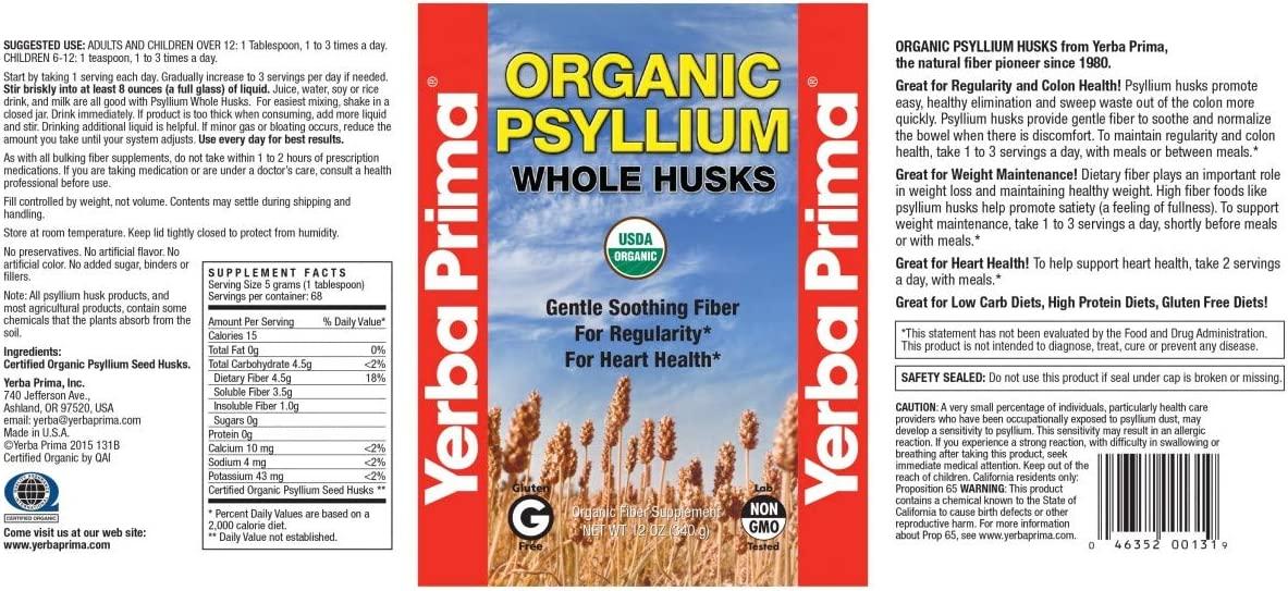 Yerba Prima Organic Psyllium Whole Husks 12 oz Natural Dietary Fiber Supplement, Non GMO