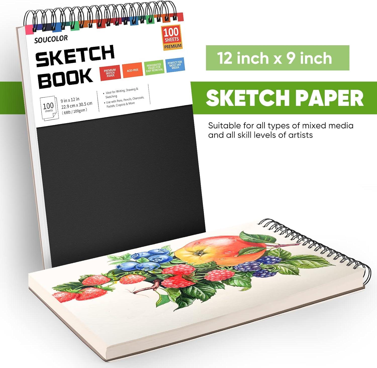 Soucolor 9 x 12 Sketch Book 1-Pack 100 Sheets Spiral Bound Art Sketchbook  Acid Free (68lb/100gsm) Artist Drawing Book Paper Painting Sketching Pad  Black 1 Pack