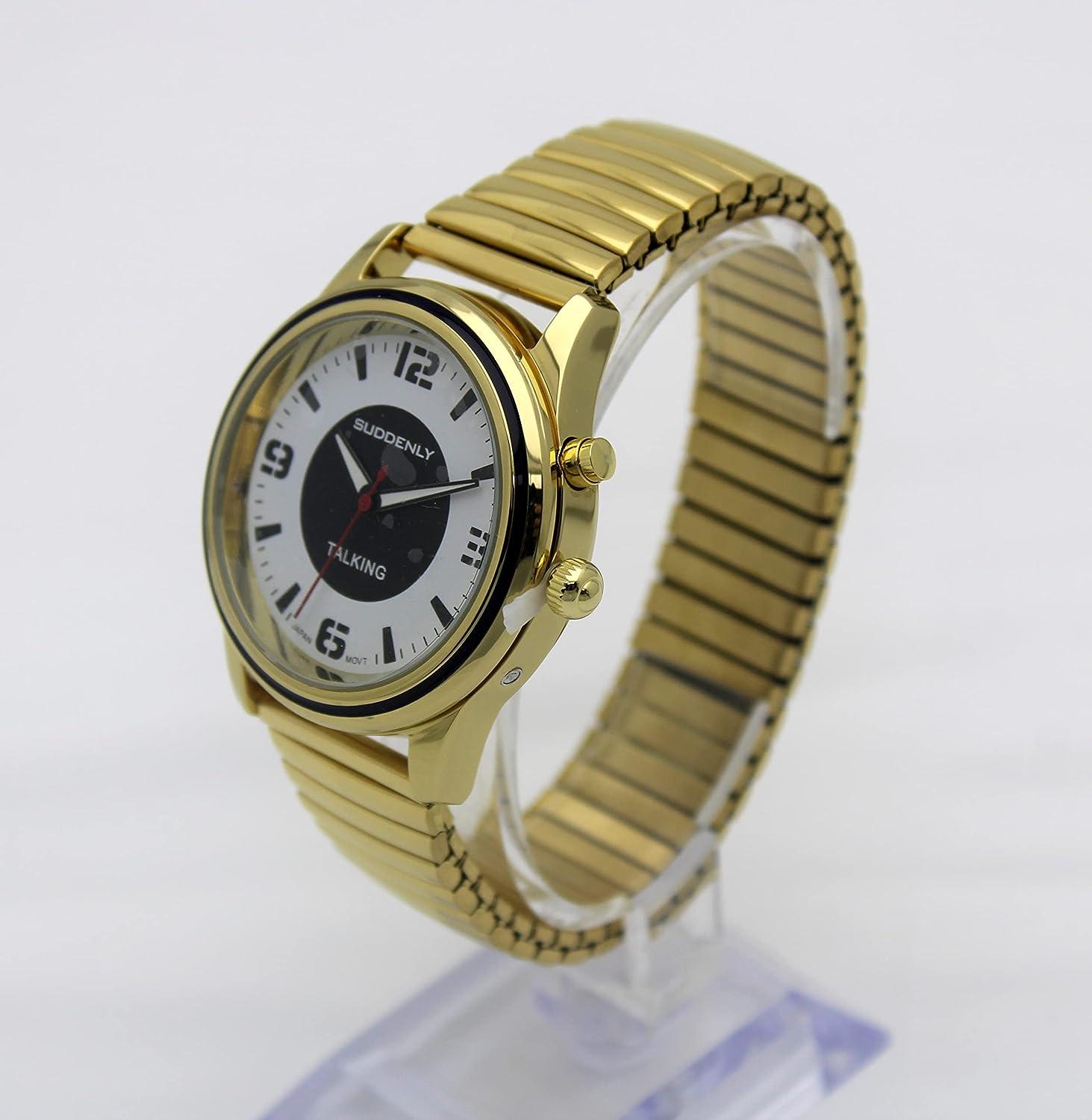 Suddenly Talking Watches for Seniors Men Loud Sound for Visually Impaired Gold Stainless Steel Contraction Watch Band Time-Day-Date Alarm Clock 115 腕時計 Suddenly English Talking Watch Suitable for Middle-Aged