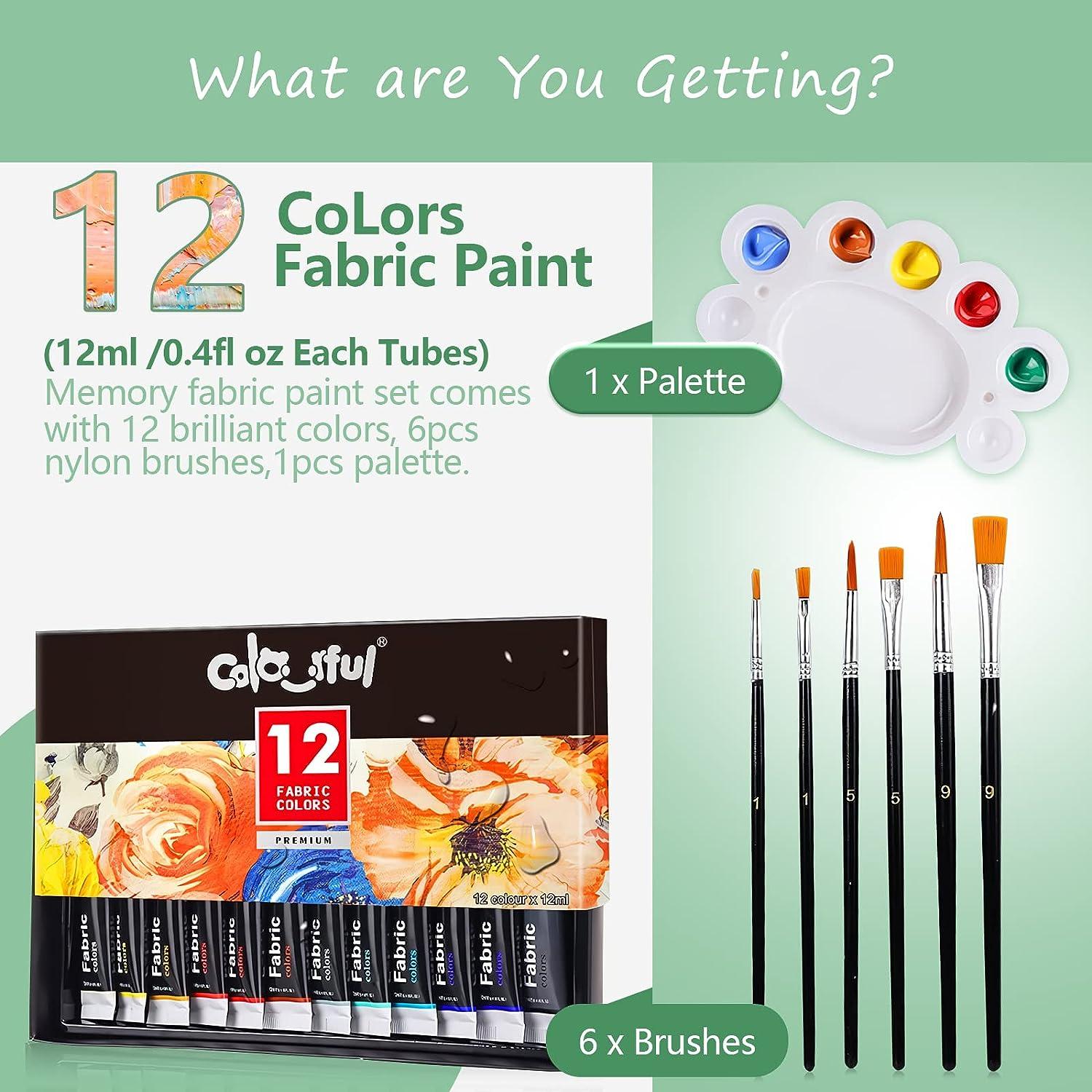 COLORFUL Fabric Paint Set for Clothes with 6 Brushes, 1 Palette, 12 Colors  Permanent Textile Puffy Paint Kit for Shoes, Canvas