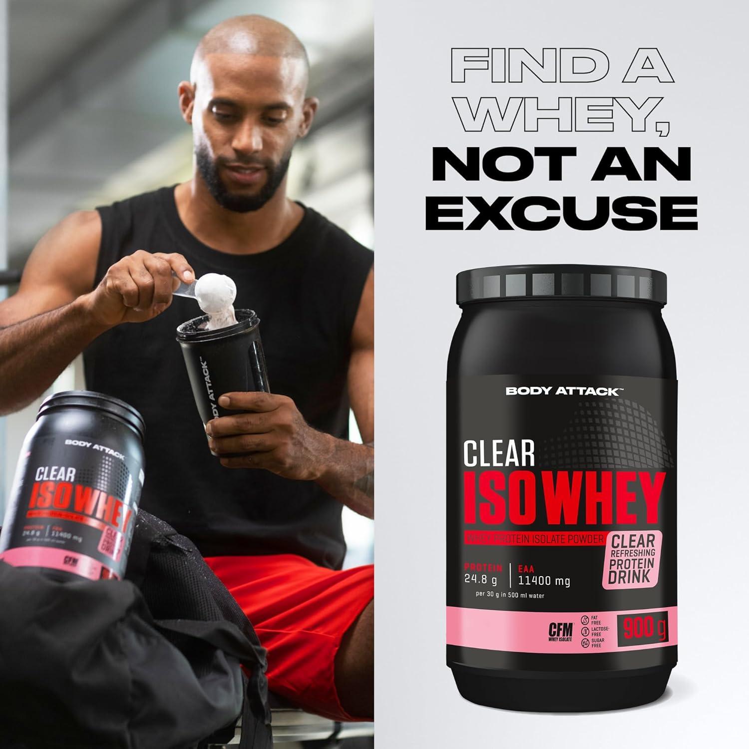 Body Attack Clear ISO Whey - Ice Tea Peach Flavour - 900 g - Made in Germany - Refreshing, Clear Whey Protein Isolate - 24 g Protein and 11,400 mg EAAs* per