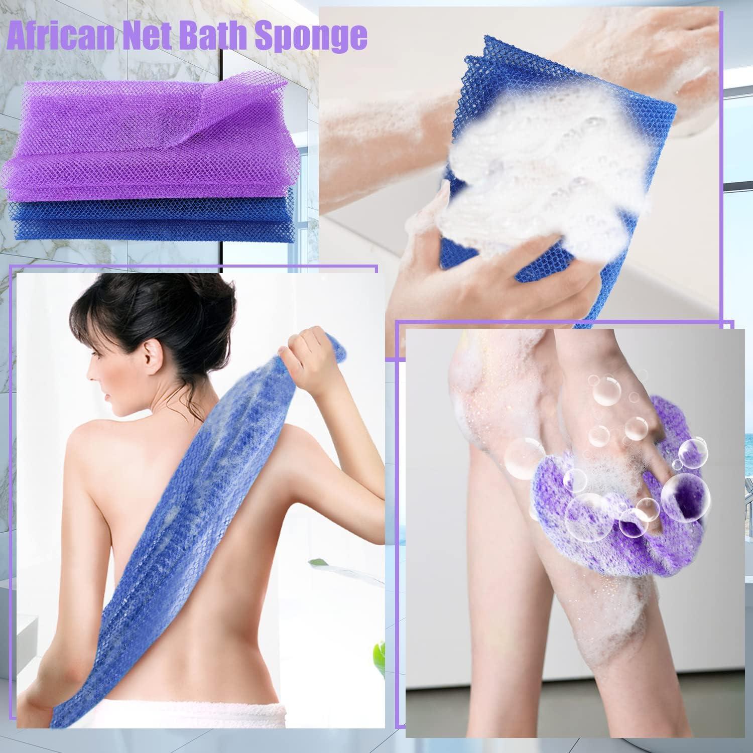 2 Pcs African Net Sponge, African Exfoliating Net Bath Sponge Body Scrubber  Net Washcloth Back Scrubber Skin Smoother for Daily Use (31.5x11.8 inches)  31.5*11.8 Inch Blue, Purple