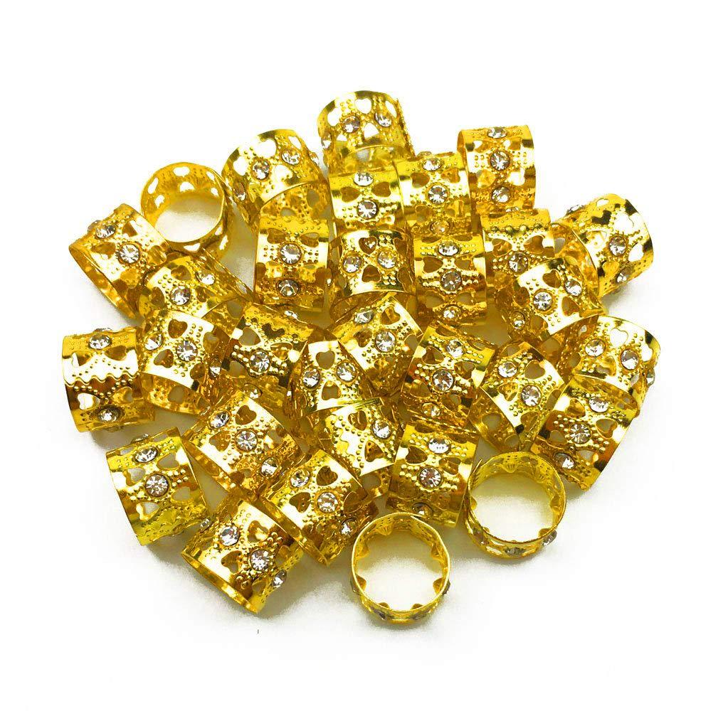 Hyamass 30pcs Rhinestone Aluminum Gold Dreadlocks Beads Metal Hair Ring  Decoration Braiding Hair Jewelry(Gold)