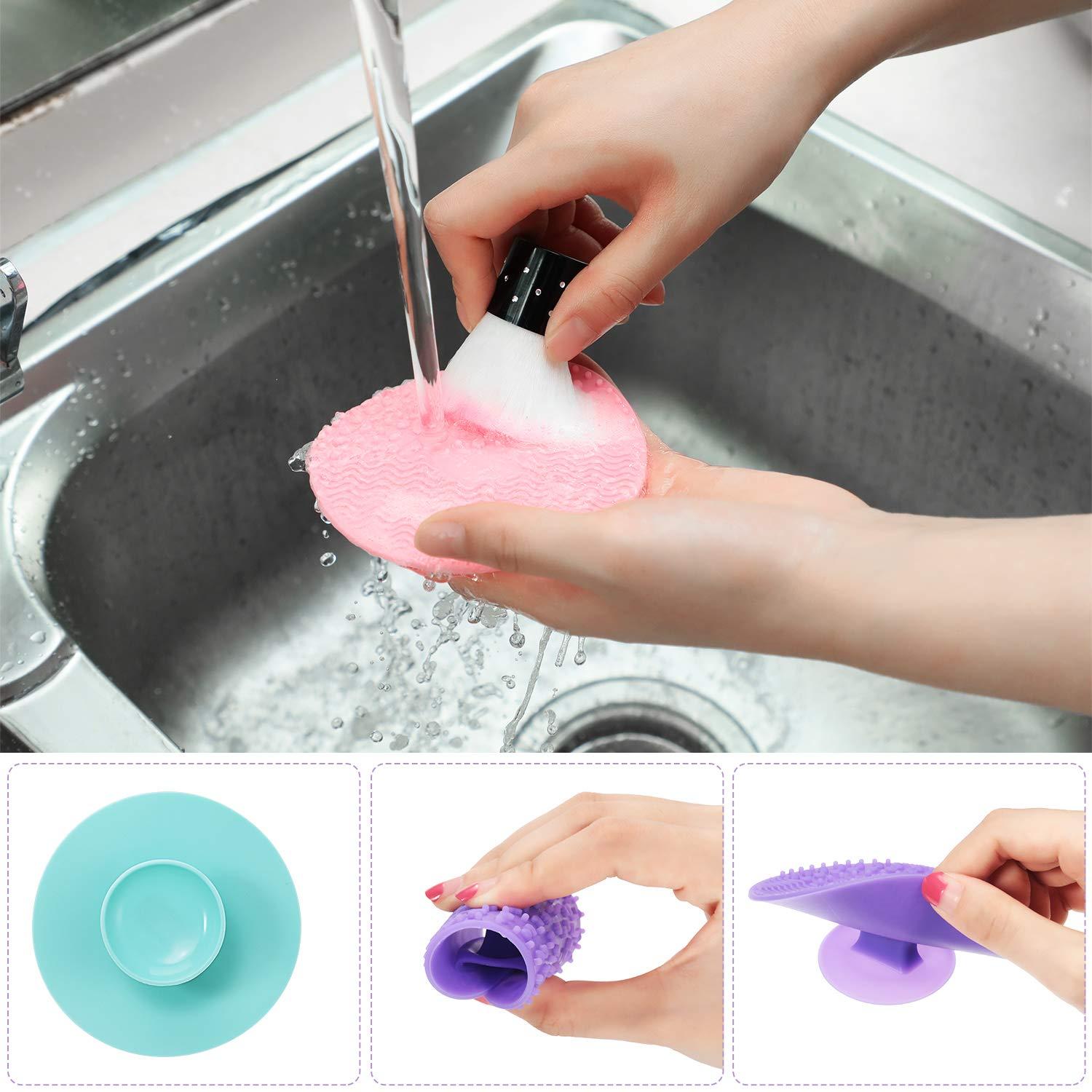 3 Pieces Silicone Makeup Brush Cleaning Mat, Cleaning Brush Scrubber Mat  Makeup Brush Cleaner Pad Cosmetic Brush Cleaner with Suction Cup, Round,  Green Purple Pink