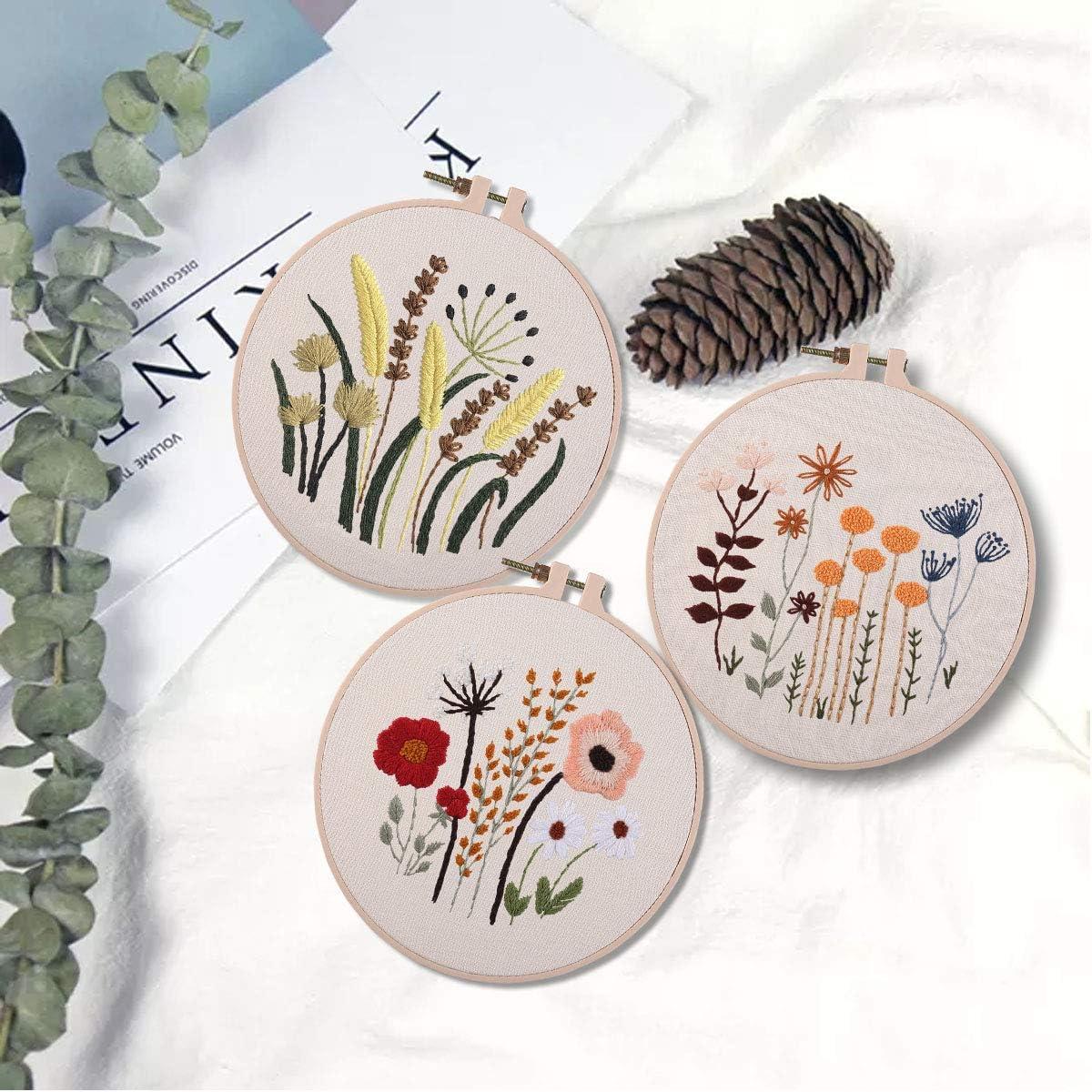 3 Sets of Beginner Embroidery Kits with 3 Patterns and 6 Needles  Needlepoint Kits for Adults Including Embroidery Floss 3 Plastic Hoops and  3 Cotton Fabric beige