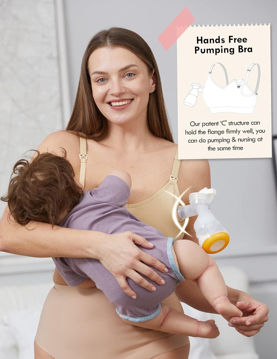 HOFISH Hands Free Pumping Bra Women Sport Bras Seamless Padded Nursing  Maternity Bra for Pregnancy/Breastfeeding/Working Out S-2XL L Pumping Bra:black  Beige