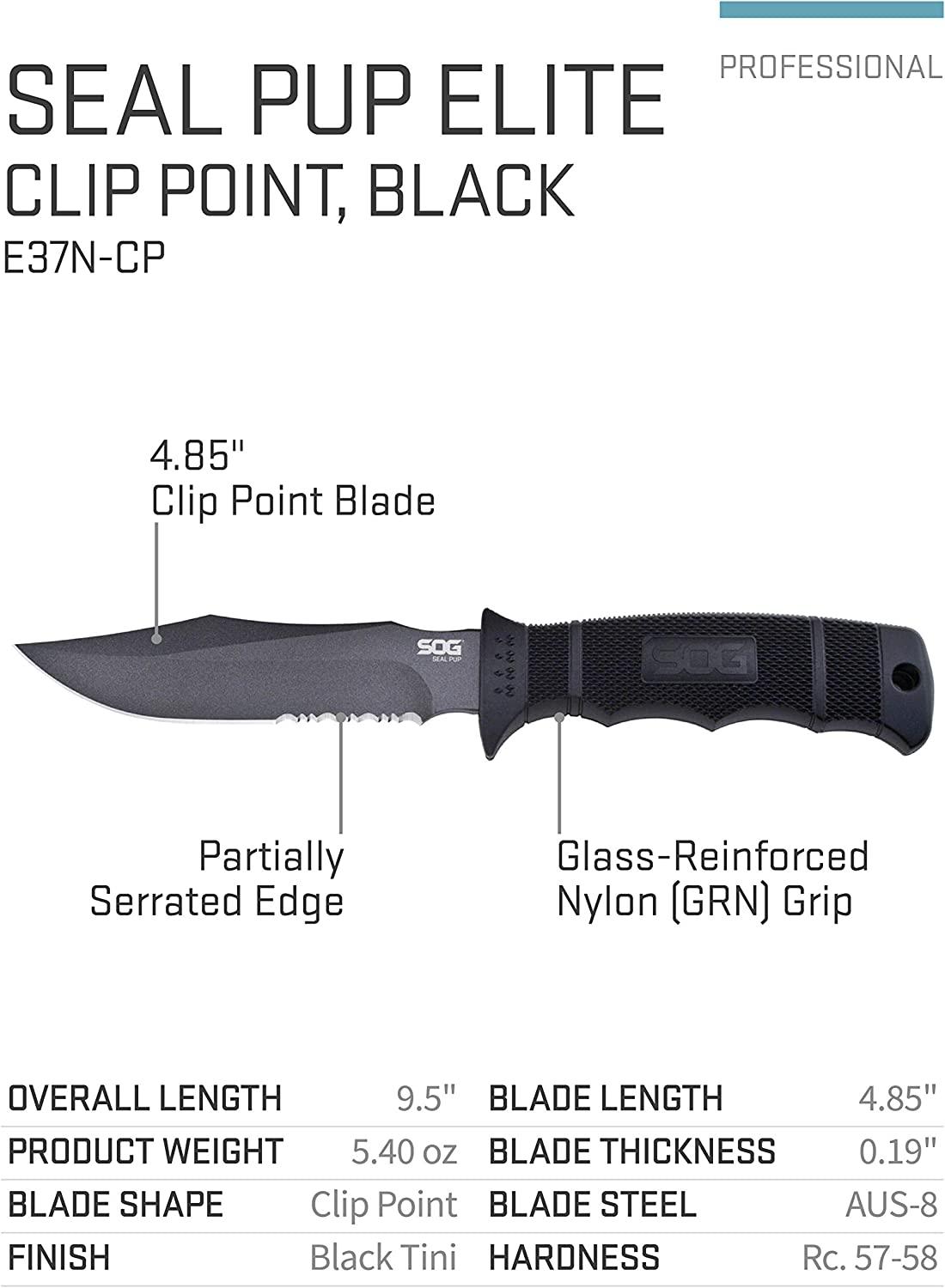 SOG Fixed Blade Knives with Sheath SEAL Pup Tactical Knife, Survival