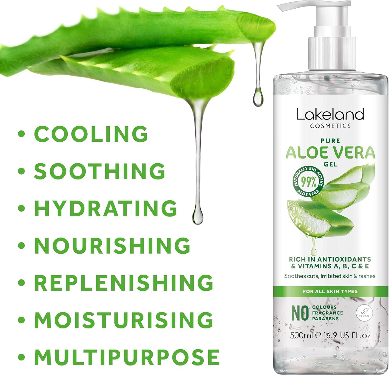 Lakeland Cosmetics Aloe Vera Gel - 100% Pure Bio Active Moisturiser for  Face & Body - Soothes Irritated Skin, Burns & Sunburn - 500ml (Pack of 1)