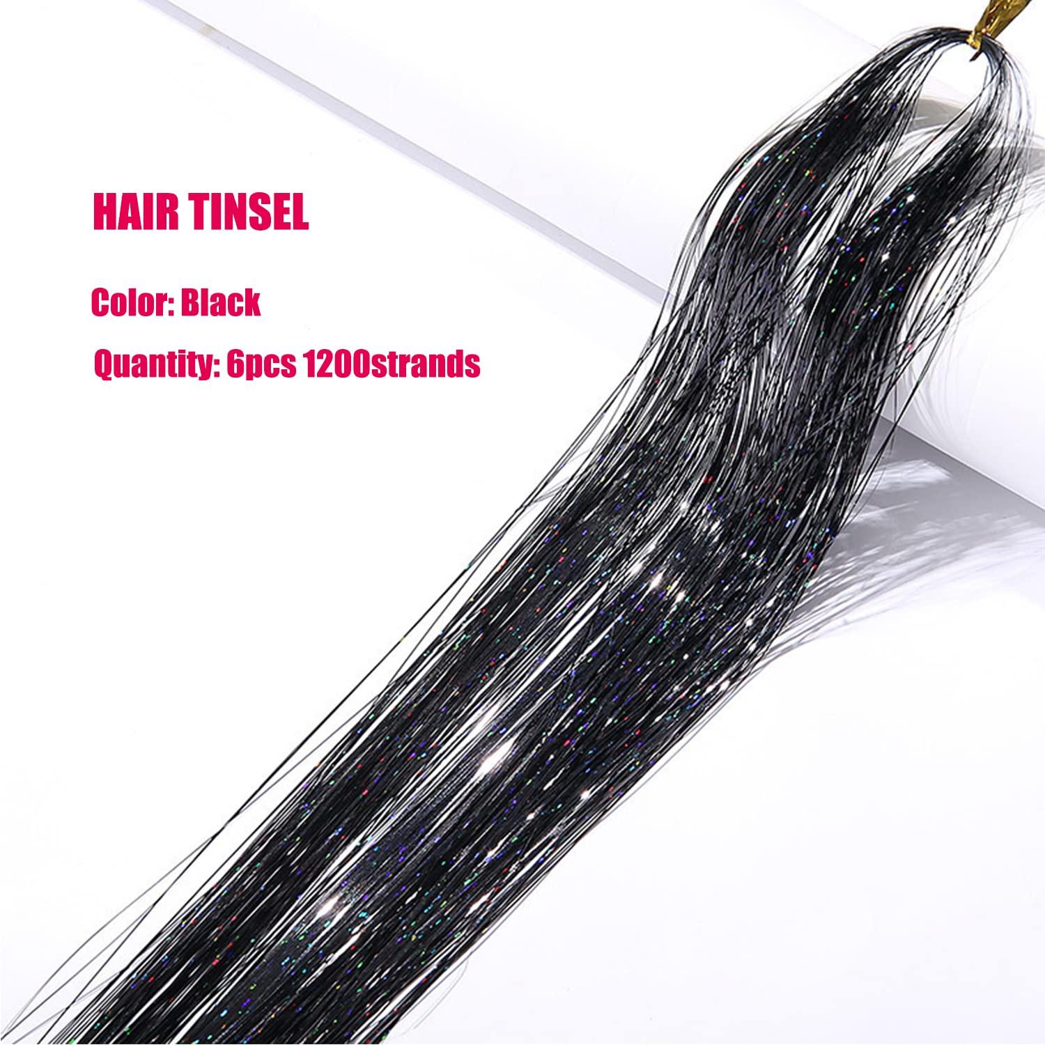 Black Hair Tinsel Kit 6pcs, 1200 Strands, Heat Resistant Fairy Hair