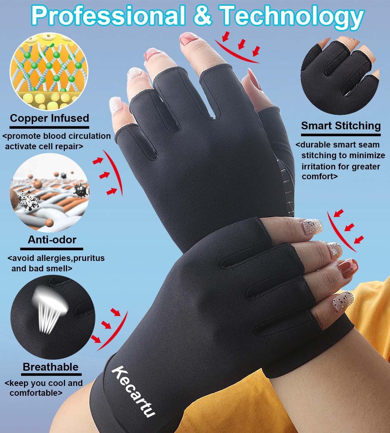 2Pairs Copper Arthritis Compression Gloves for Women Men, Fingerless