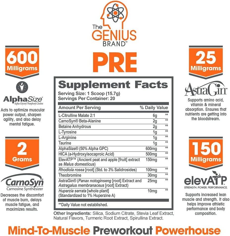 Genius Pre Workout Powder Sour Apple Flavor 20 Servings Boost