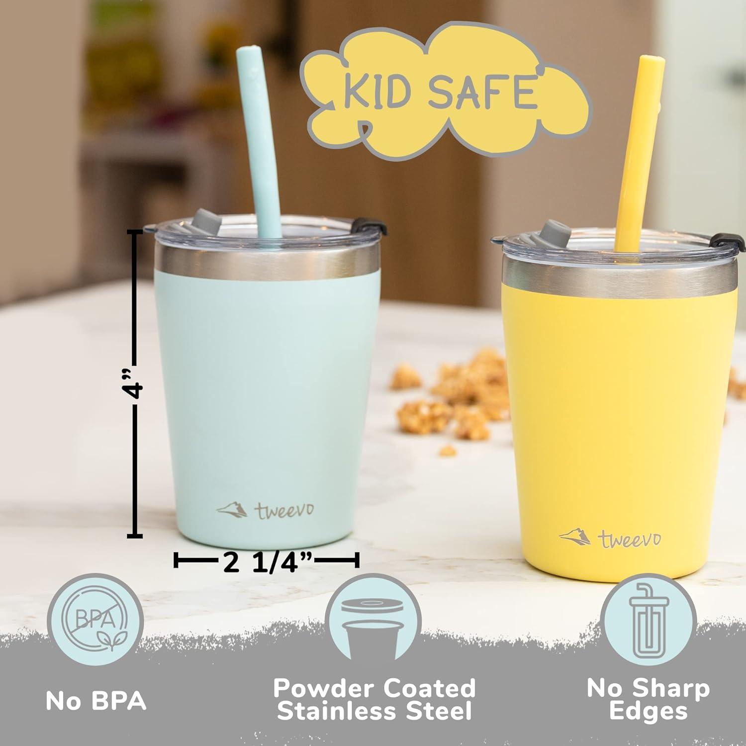 tweevo Kids Tumblers with Spill-Proof Screw Lids - Tumbler 8.5 oz. Stainless Steel Cups with Straws and & Straw Brush Adorable Spill Proof for 2 Pack