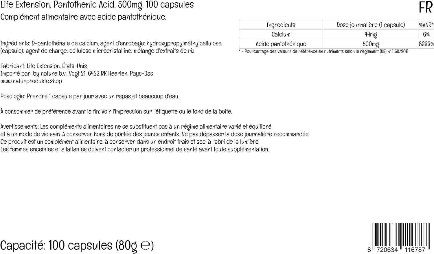 Life Extension Pantothenic Acid 500mg Vitamin B5 High Dose 100 Vegan
