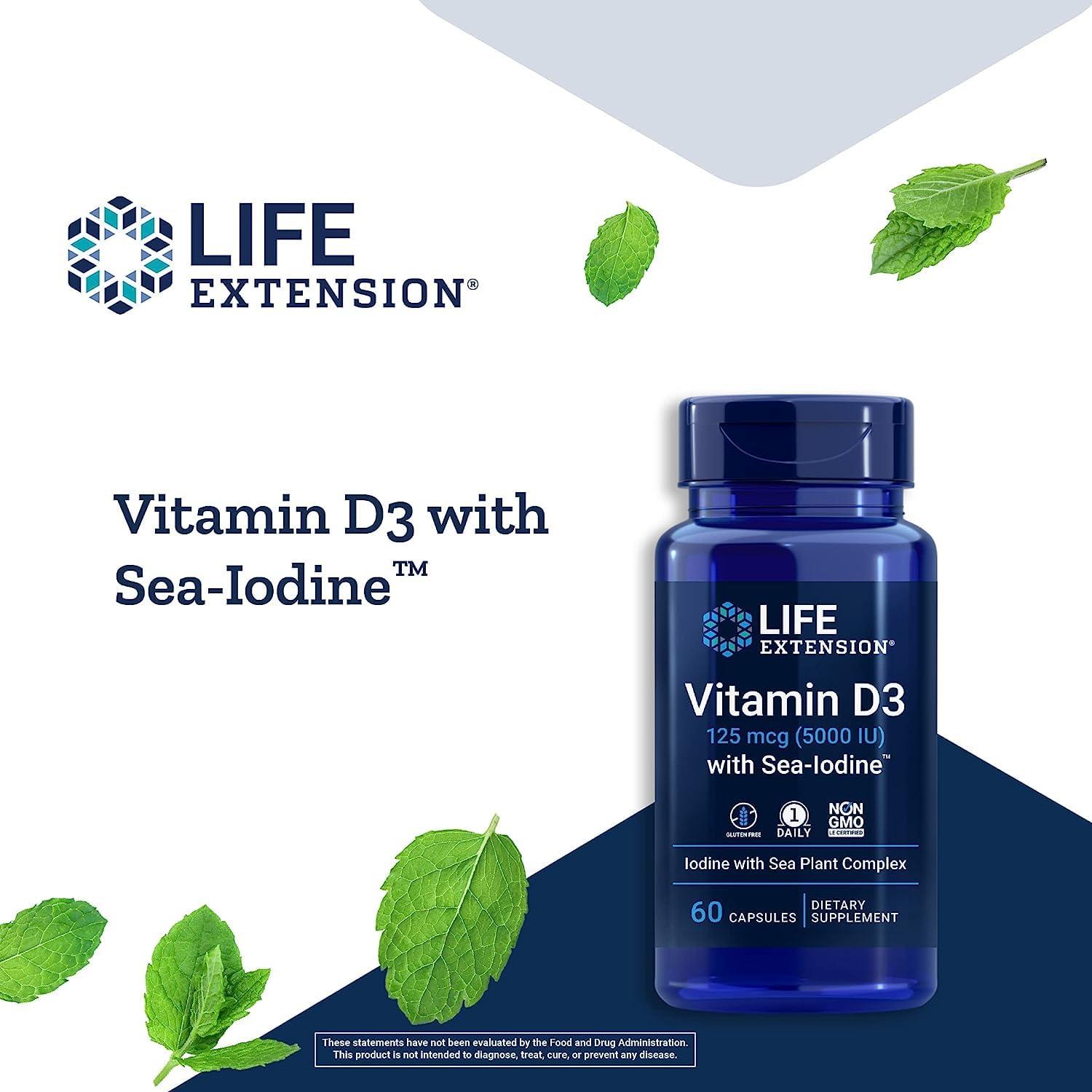 Life Extension Vitamin D3 125 mcg (5000 IU) with SeaIodine For Bone