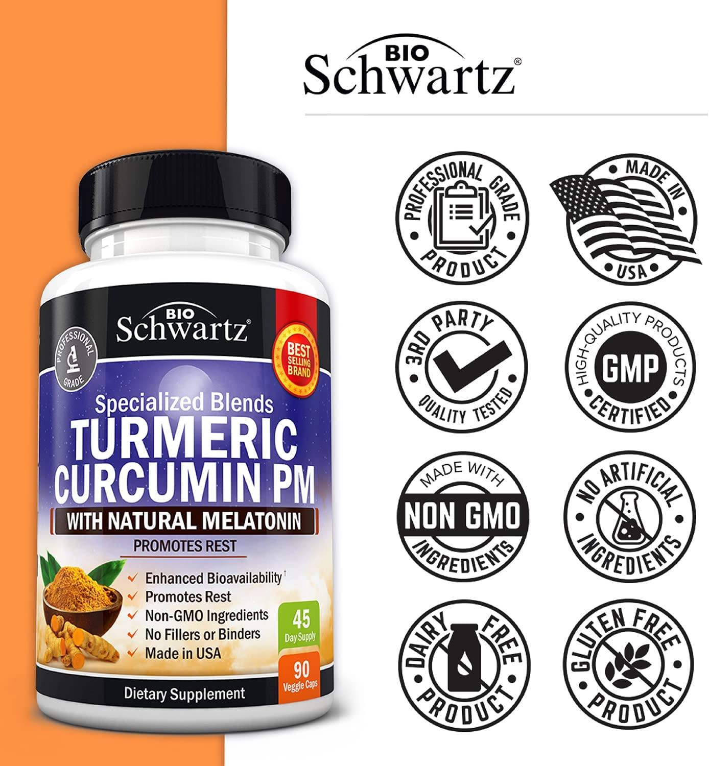 BioSchwartz Turmeric Curcumin PM with Melatonin 60 Capsules for Sleep