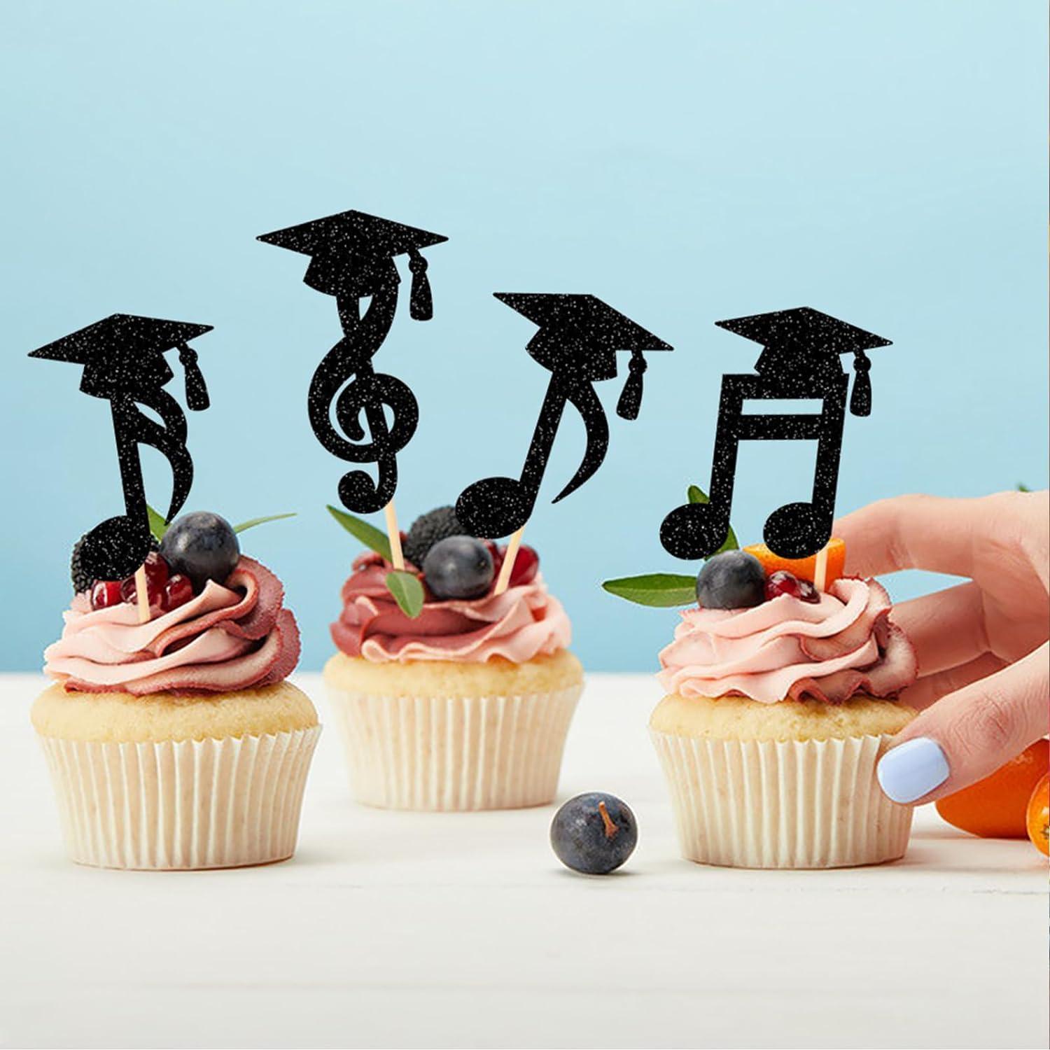 GORWERY 24pcs Musical Note Graduation Cupcake Toppers Black Note ...