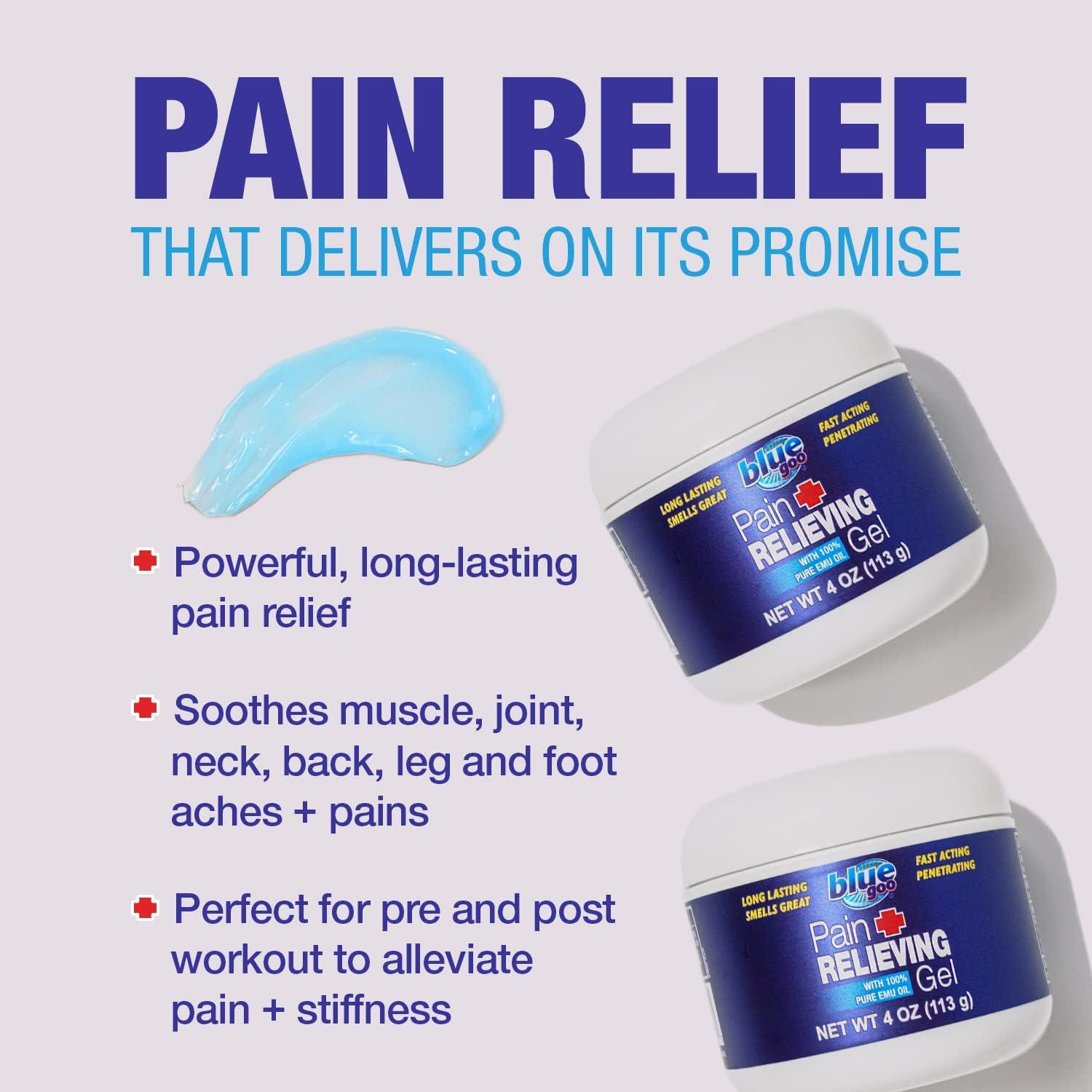 Blue Goo Pain Relieving Gel - for Back/Neck, Muscle/Stiff Joints Pain,  Sprains, Strains, Fast-Acting, Cooling+Soothing Relief, Made w/ 100% Pure  Emu Oil 4 oz (1 Pack) 4 Ounce (Pack of 1)