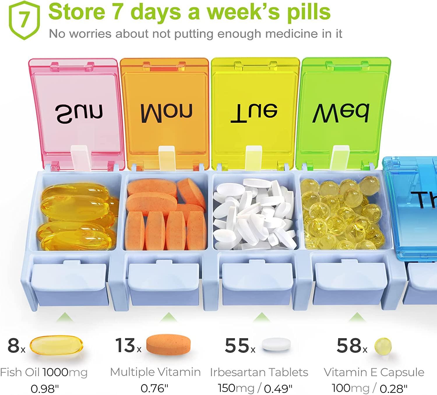 AUVON Weekly Pill Organizer Arthritis Friendly, BPA Free Travel 7 Day Pill  Box Case with Spring Open Design and Large Compartment to Hold Vitamins