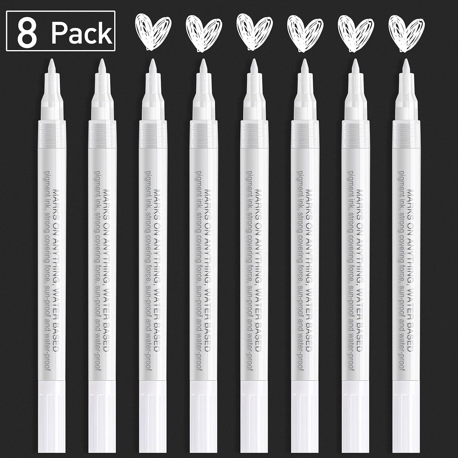  AKARUED White Paint Pen for Art - 8 Pack Acrylic White Paint  Marker for Black Paper, Rock, Stone, Wood, Canvas, Glass, Metal, Metallic,  Ceramic, Graffiti, Drawing, Water-Based Paint Markers Sets 