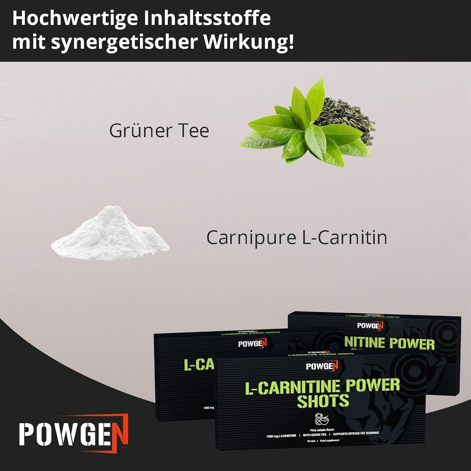 l carnitine levocarnitine Powgen L-Carnitine Power Shots - 1000mg Carnipure + 300mg Green Tea Extract  - 20-Day Supply & Free E-Book for Optimal Energy & Weight Loss | Buy Now  with Express International Delivery