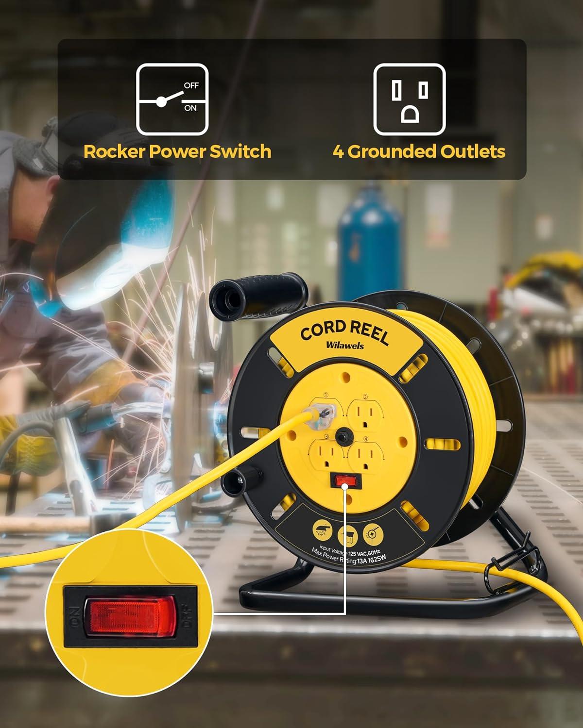 WILAWELS Extension Cord Storage Reel with 4-Grounded Outlets Heavy Duty  Open Cord Reel for 12/3 14/3 16/3 Gauge Power Cord Hand Wind Retractable  13A Circuit Breaker ETL Listed Yellow Y93CR06 13A Yellow