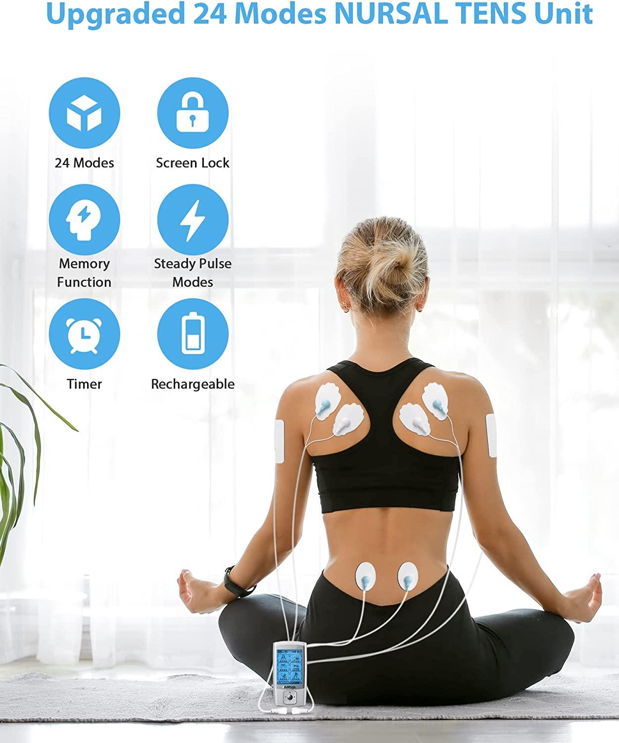 NURSAL 24 Modes TENS Unit Muscle Stimulator with Continuous Stimulation,  Rechargeable Electronic Pulse Massager with 8 Pads for Back and Shoulder  Pain Relief and Muscle Strength
