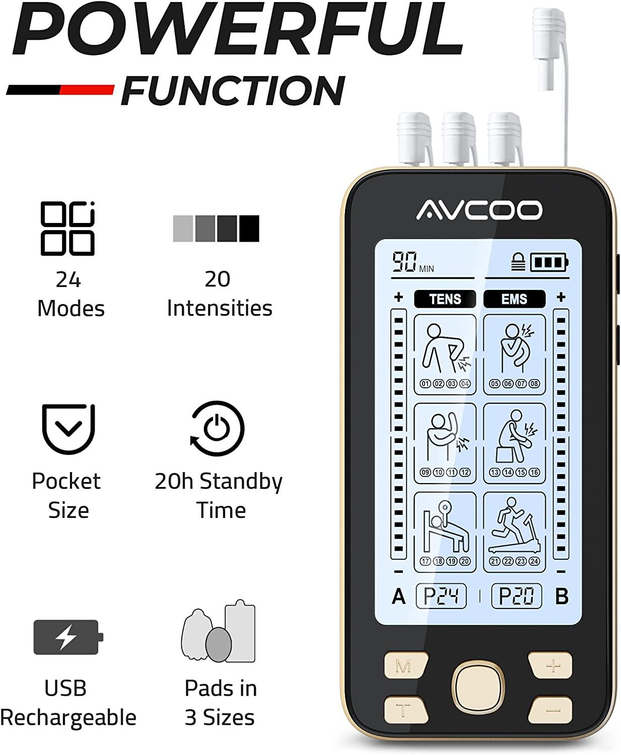 AVCOO 30 Modes TENS EMS Unit Compact Muscle Stimulator for Pain Relief,  Rechargeable & Portable Dual Channel EMS TENS Machine with 30 Intensity