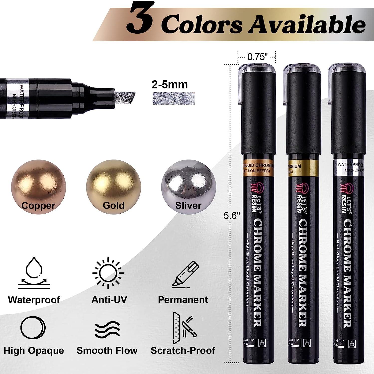 LET'S RESIN Liquid Mirror Chrome Markers,3 Colors Epoxy Resin Tools, 2-5mm  Larger Application Area, Reflective Gloss Metallic Markers, Resin Supplies  for Coloring, Stroke, Painting, DIY Craft 3pcs Chrome Markers