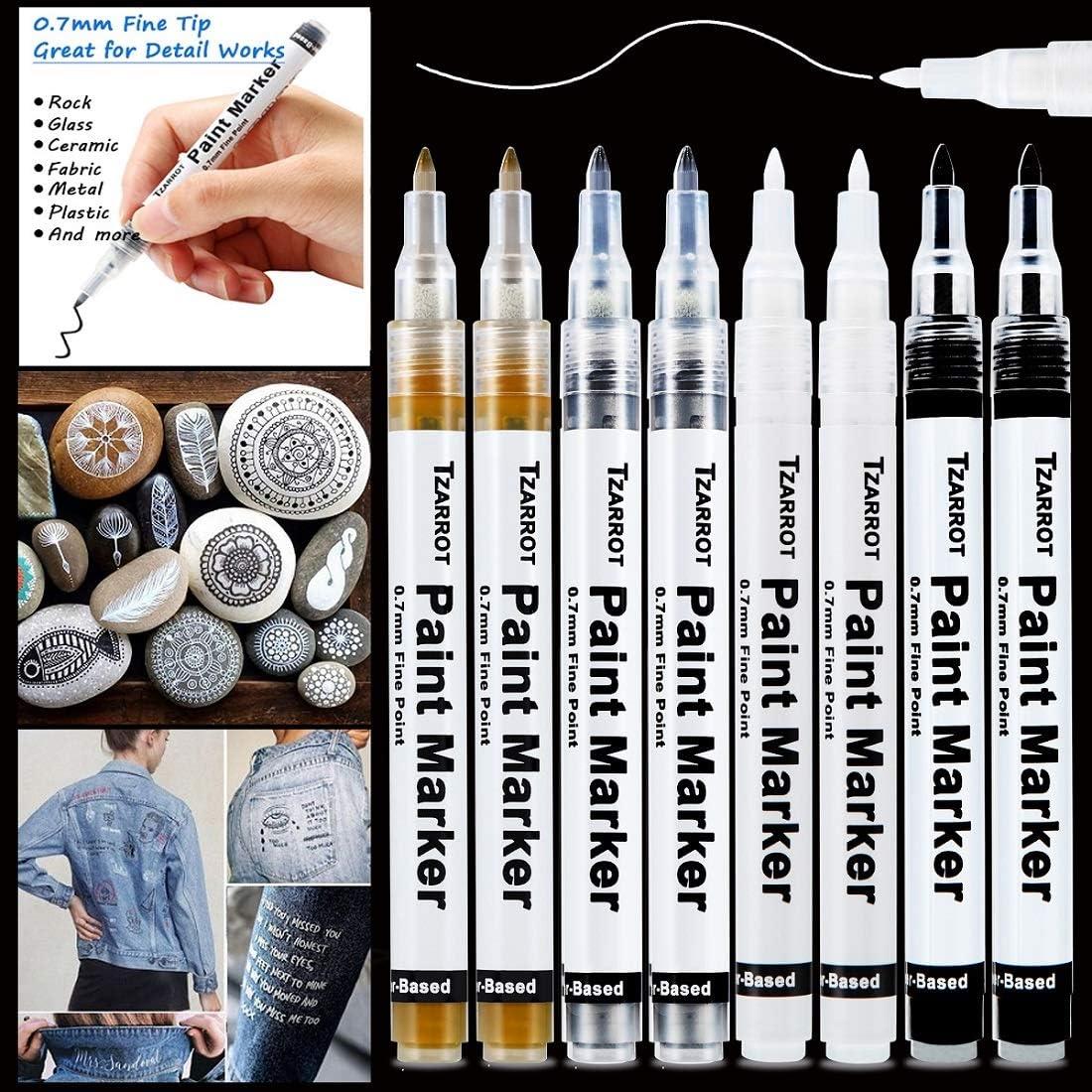 White Paint Pen 8 Pack 0.7mm Acrylic Paint Pens with 2 White 2 Black 2 Gold  2 Silver Paint Pen Permanent Marker for Wood Rock Fabric Metal Plastic  Ceramic Acrylic Paint Markers