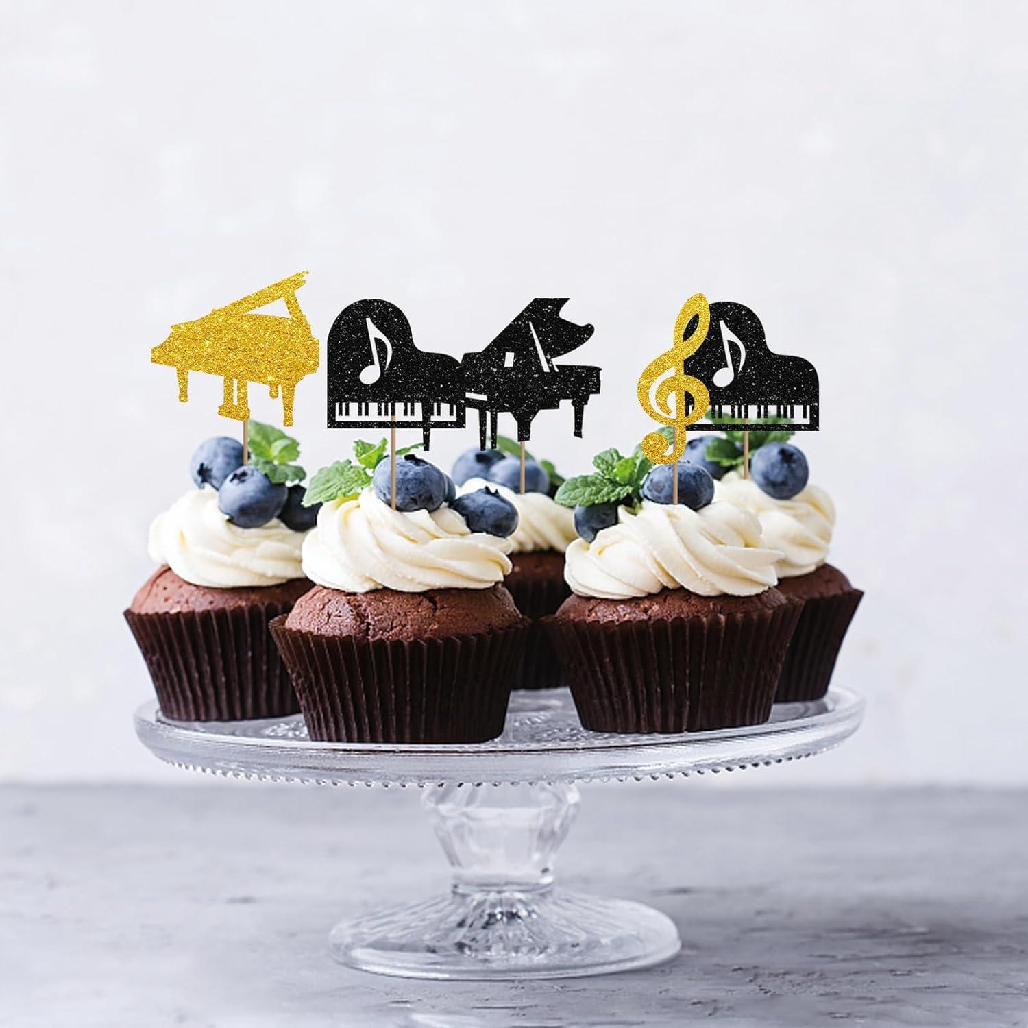 Set of 24 Piano Cupcake Toppers for Musician Birthday Black & Gold ...