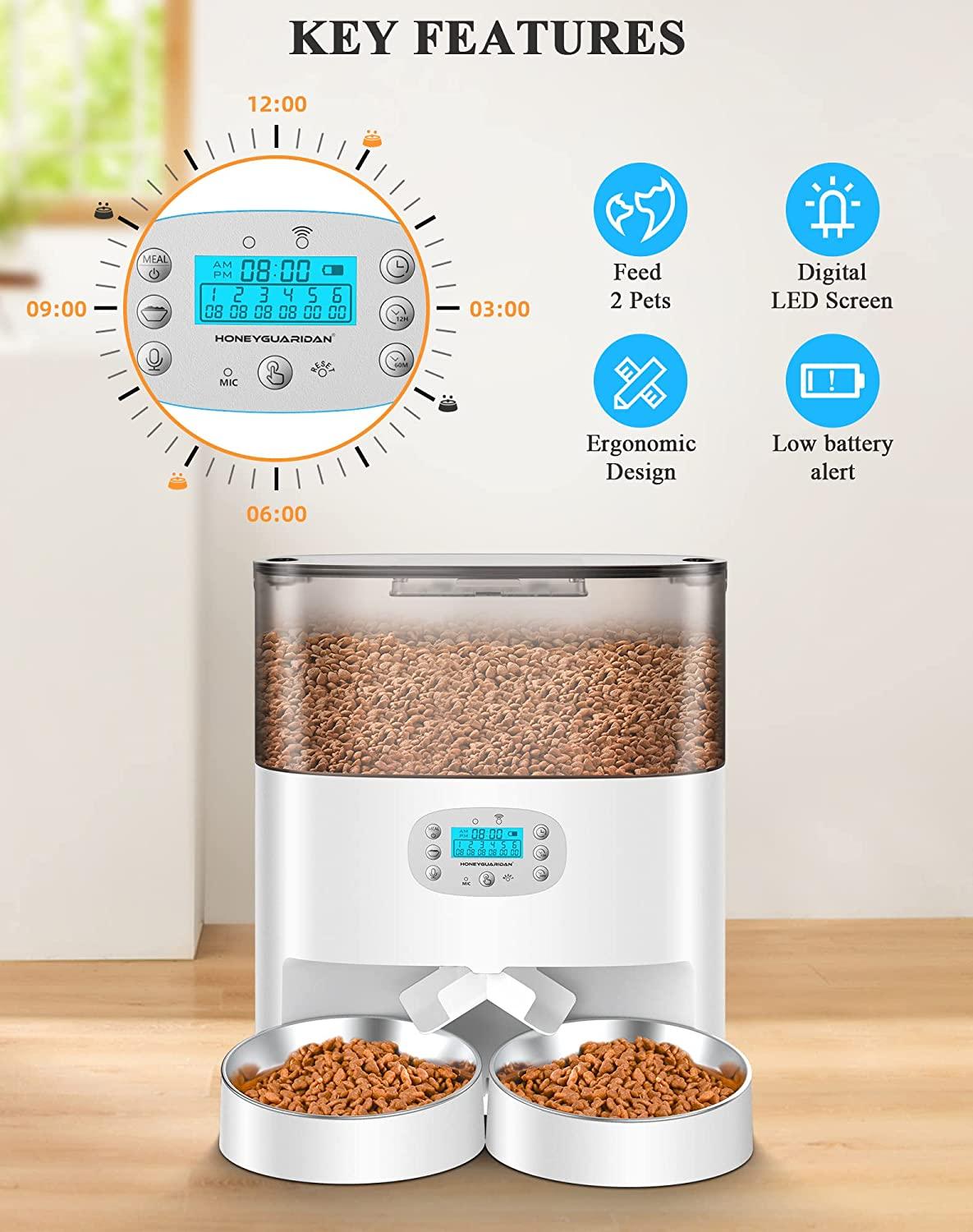 Automatic Cat Feeder, HoneyGuaridan 6L Pet Feeder for 2 Cats & Dogs