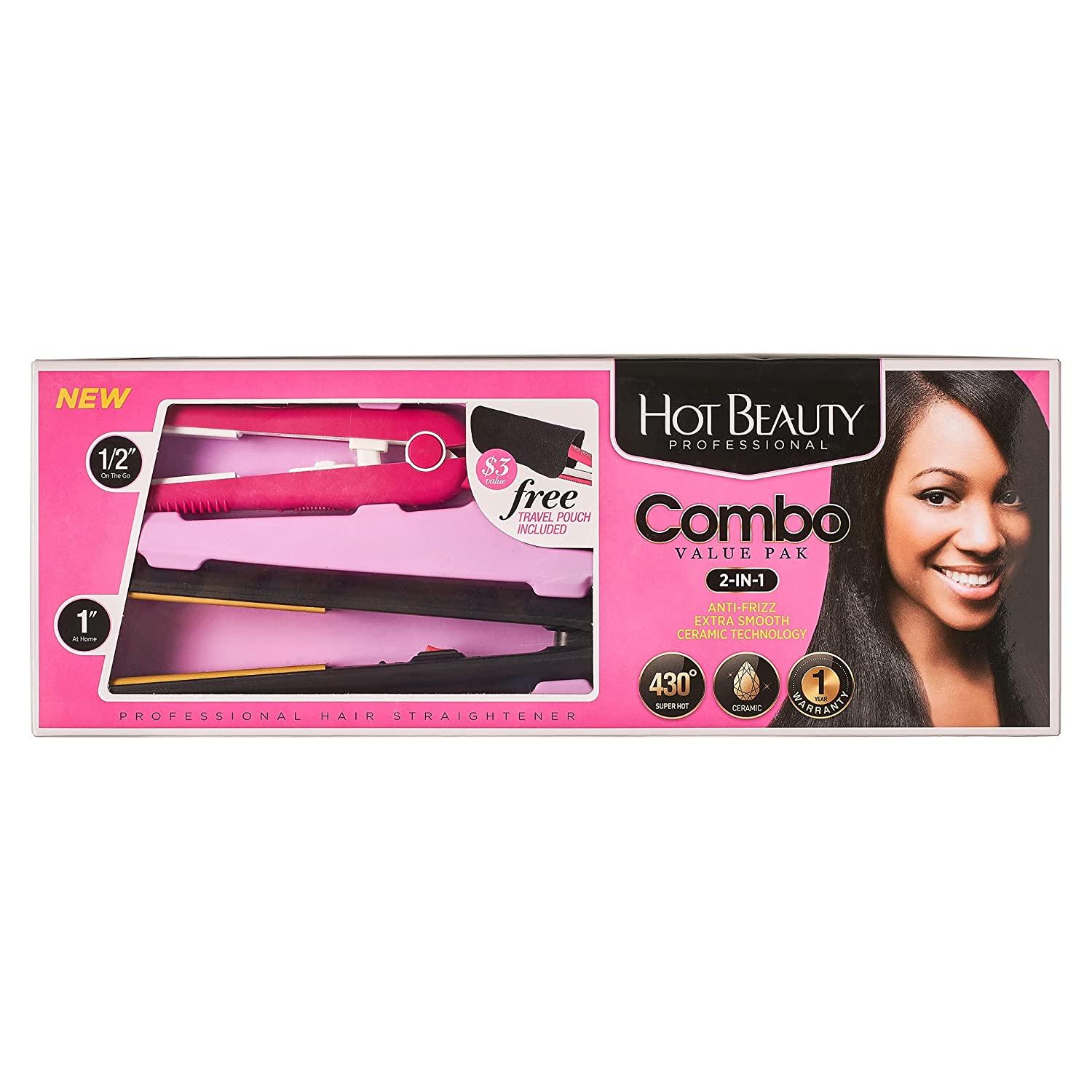 Hot Beauty 2-in-1 Ceramic Flat Iron Set with Travel Pouch, Combs