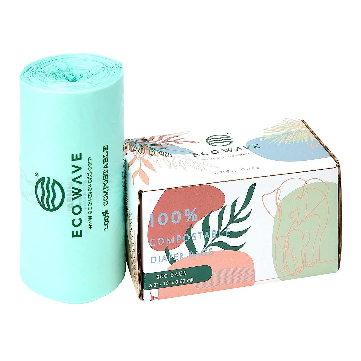 ECO WAVE 100 Compostable Diaper Bags, 200 bags, ASTM D6400, EN 13432