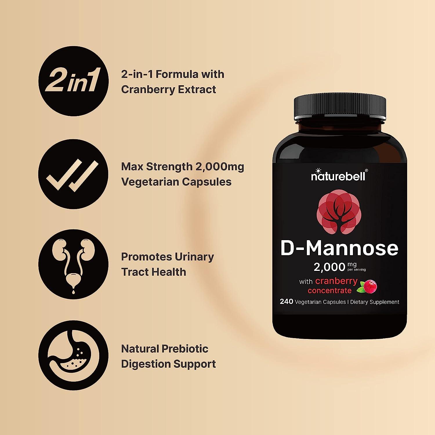 Double Strength DMannose with Cranberry Pills, 1000mg Per Serving, 200 Capsules, 2 in 1 Formula