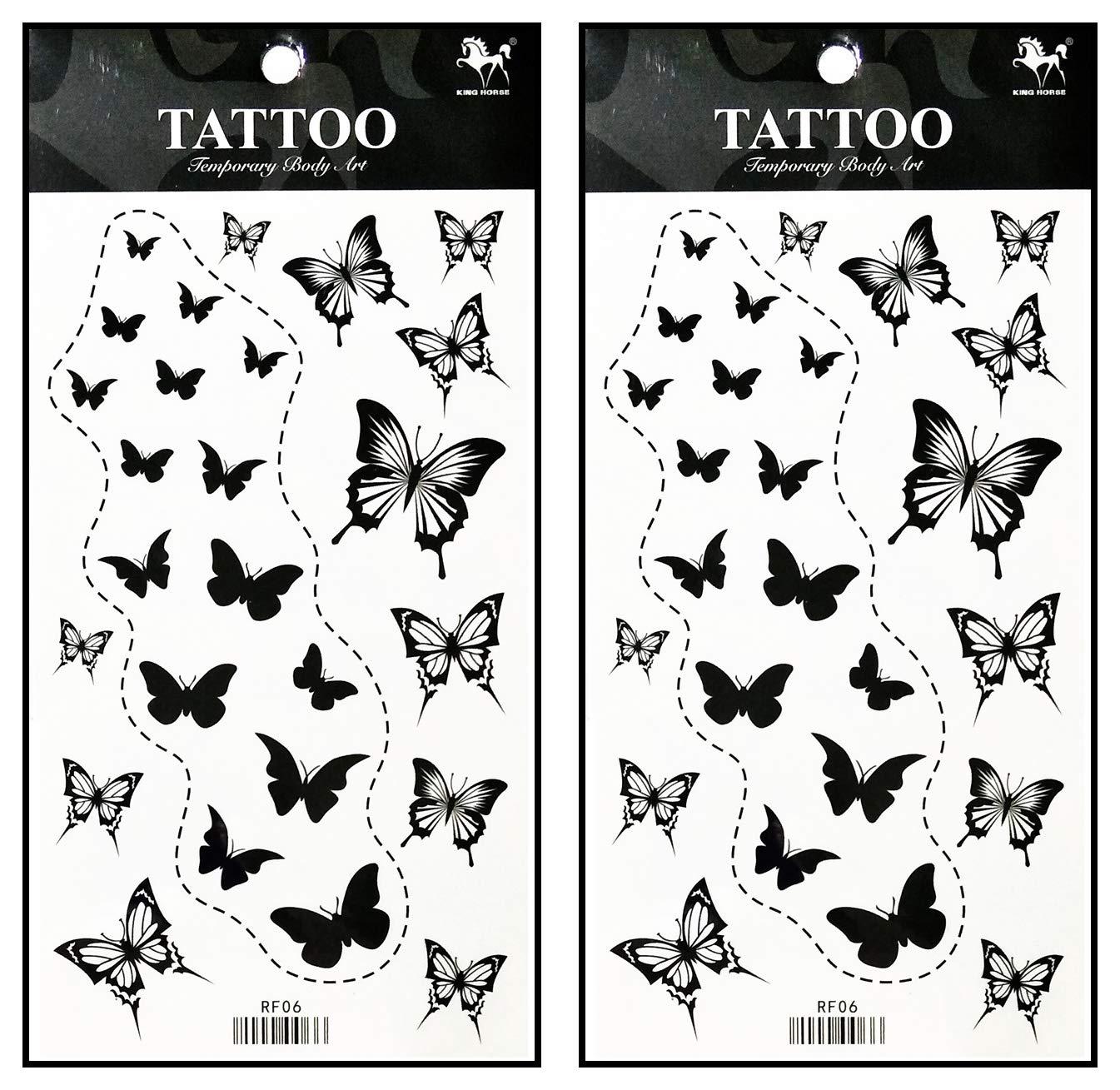 Tattoos 2 Sheets Temporary Tattoo 3D Black Butterfly Dashed Lines for ...