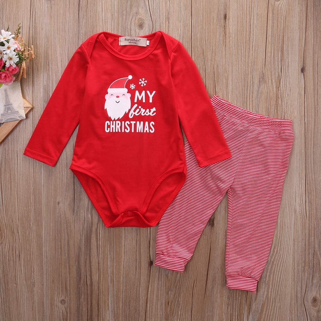 Geagodelia Newborn Baby Boy My First Christmas Outfit Red Long Sleeve Bodysuit Romper Shirt Trousers Hat Baby 1st Christmas Clothes Set (Red, 3-6