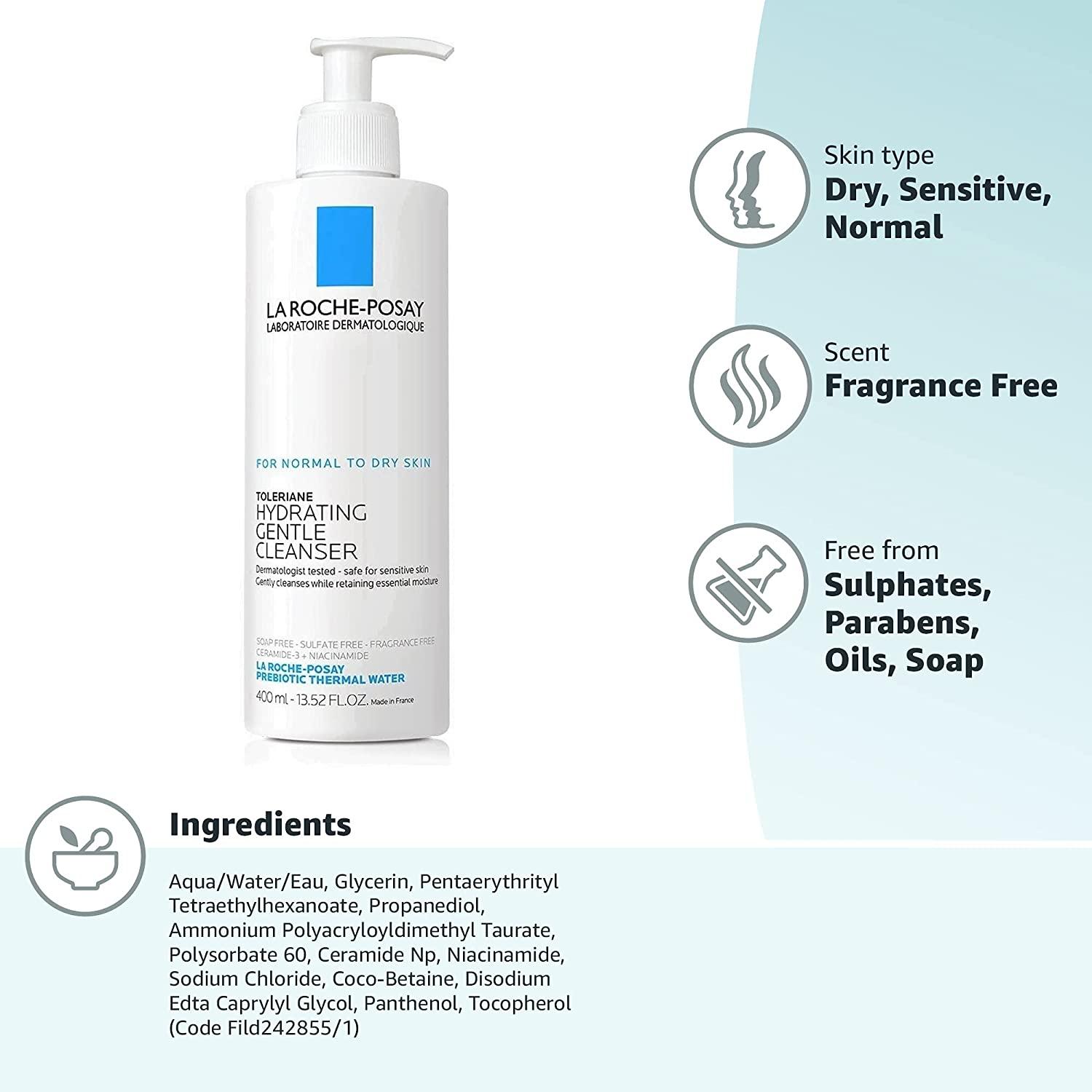 La Roche-Posay Toleriane Gentle Face Cleanser, Facial Cleanser with Niacinamide and Ceramides for Skin, Moisturizing Face Wash for Normal to Dry Fragrance Free 13.52 Fl Oz (Pack of