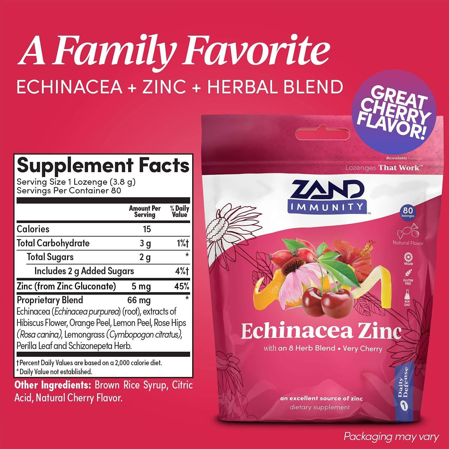 Zand Immunity Cherry Echinacea Zinc HerbaLozenge Throat Drops No Corn Syrup or Cane Sugar (80