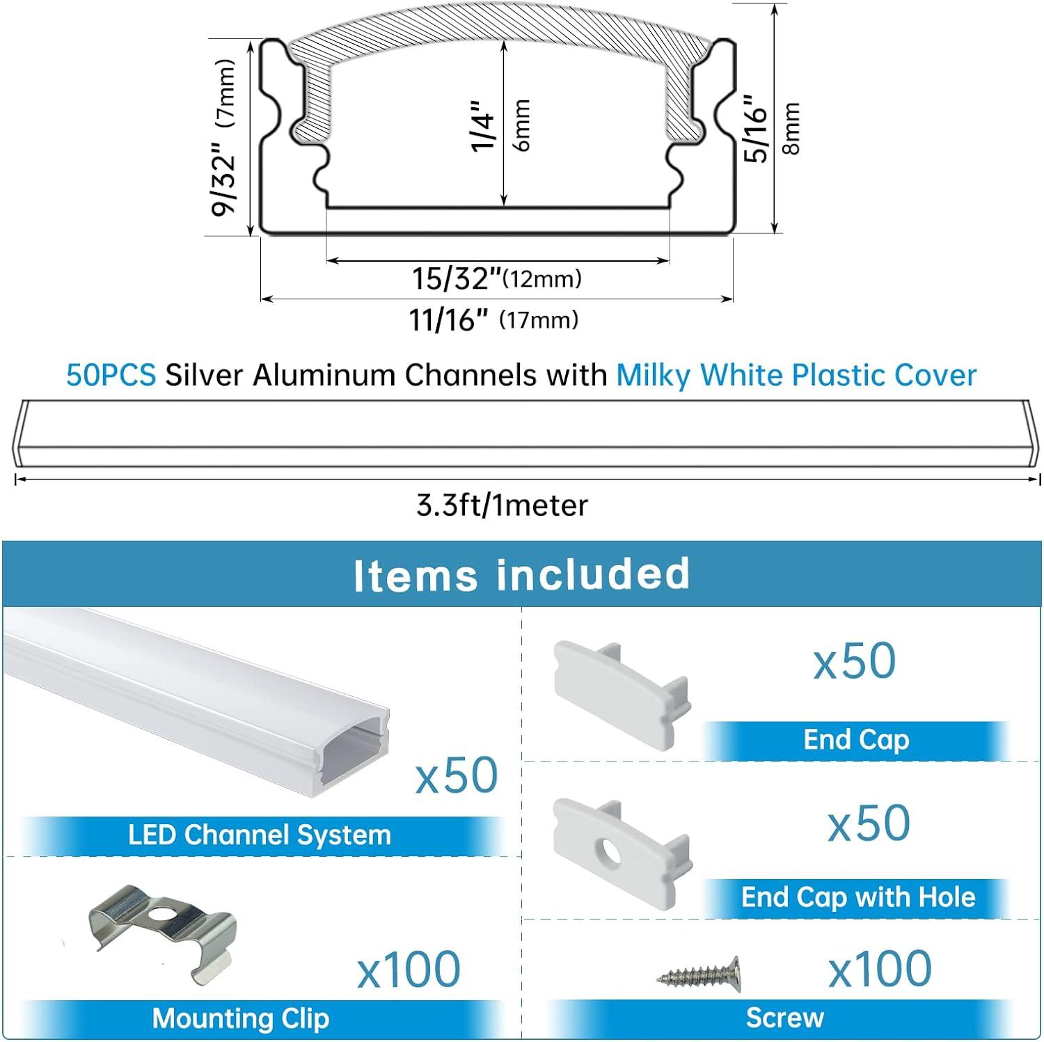 Muzata 50Pack 3.3FT 1M LED Channel System with Milky White Cover