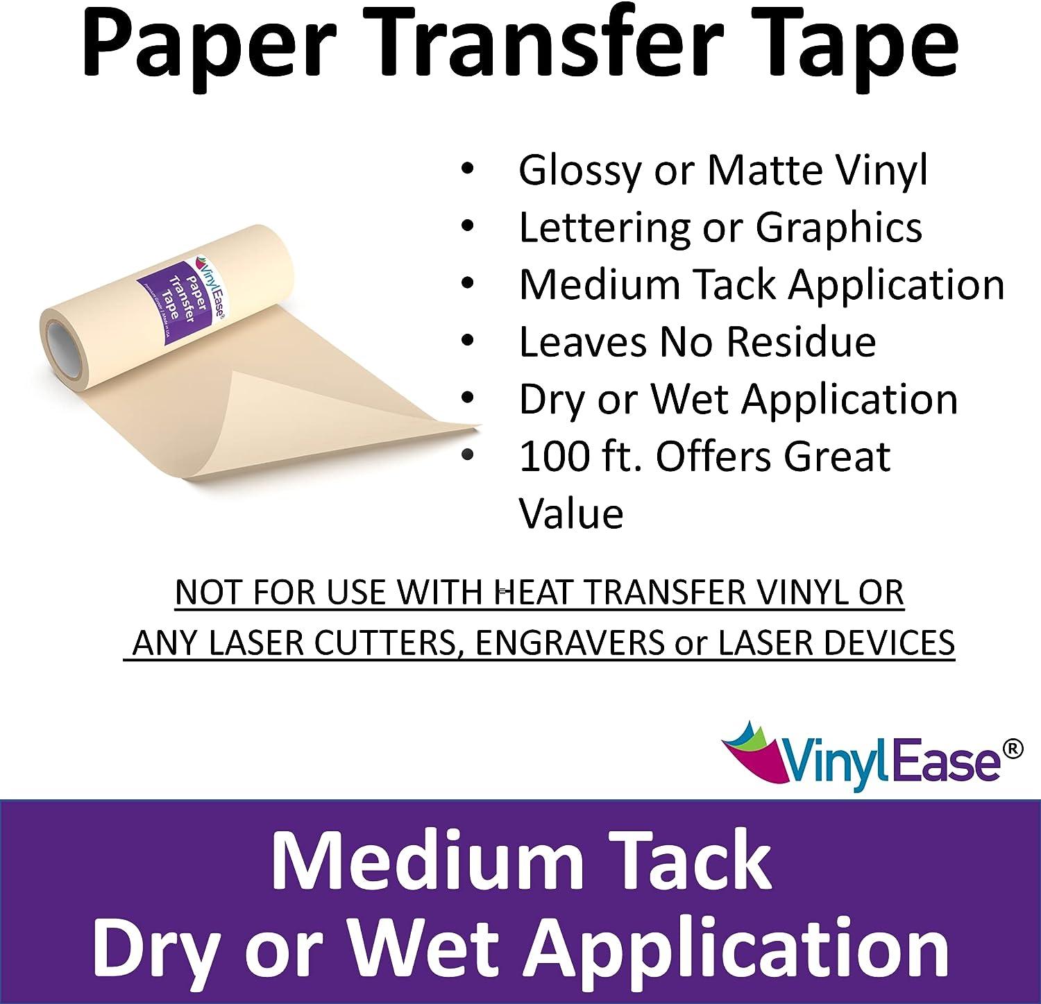Vinyl Ease 12inch x 100 feet roll of Paper Transfer Tape with a Medium to  High Tack Layflat Adhesive. Works with a Variety of Vinyl. Great for Decals  Signs Wall Words and