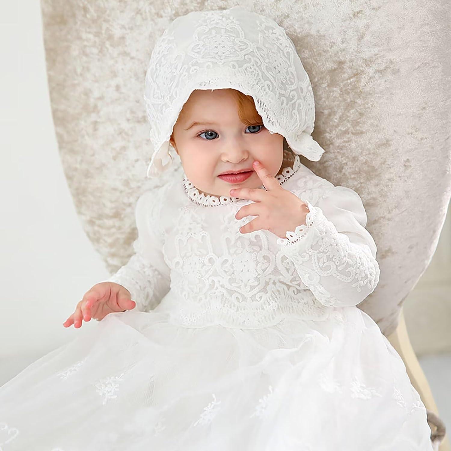 Leideur Baby Long Christening Gowns White Baptism Dress 3-6 Months
