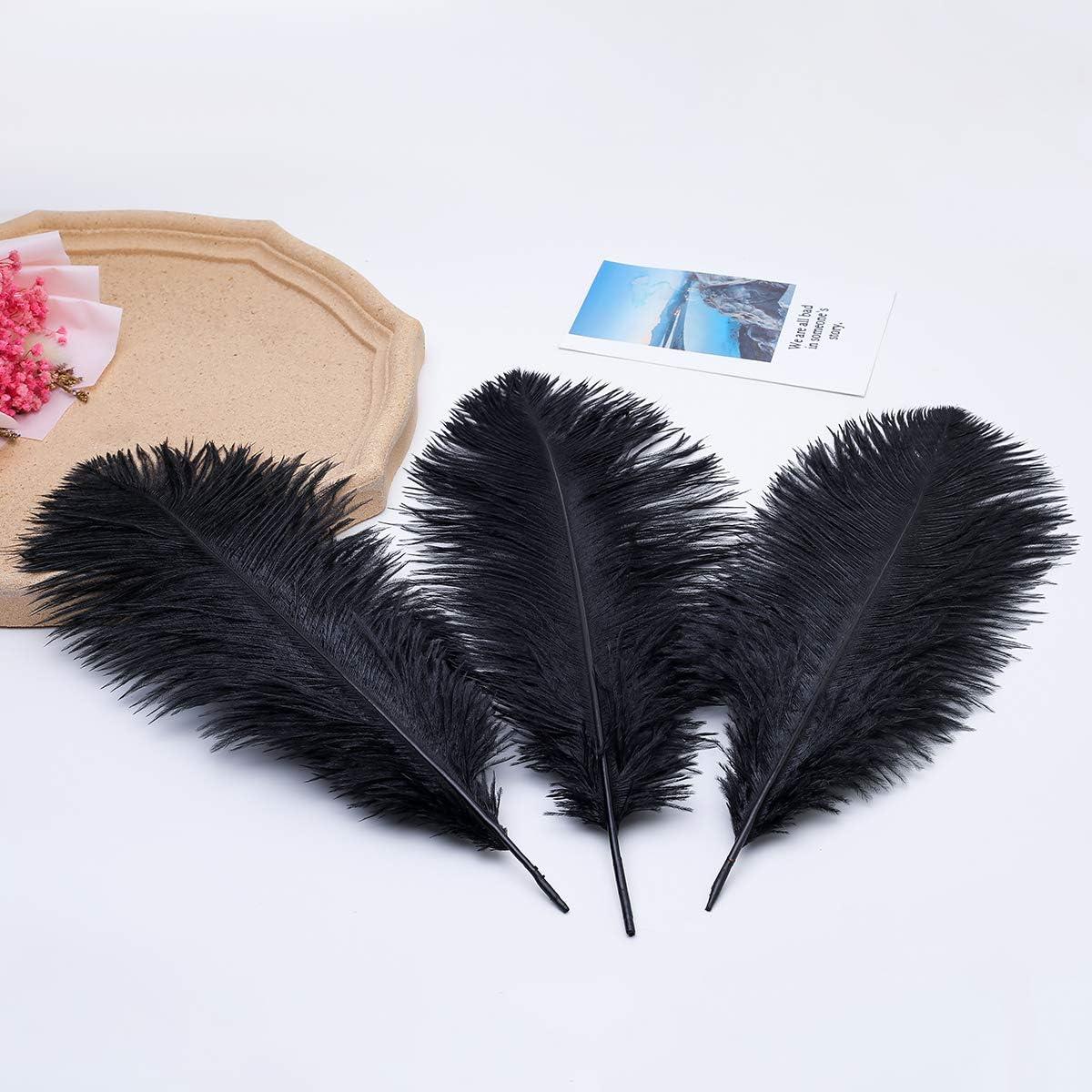 Topshopicks Pack of 24 Natural Black Ostrich Feathers Bulk 10-12 Inches with 24 Sticks of 10 inch and Tape for DIY Decorations, Wedding Party