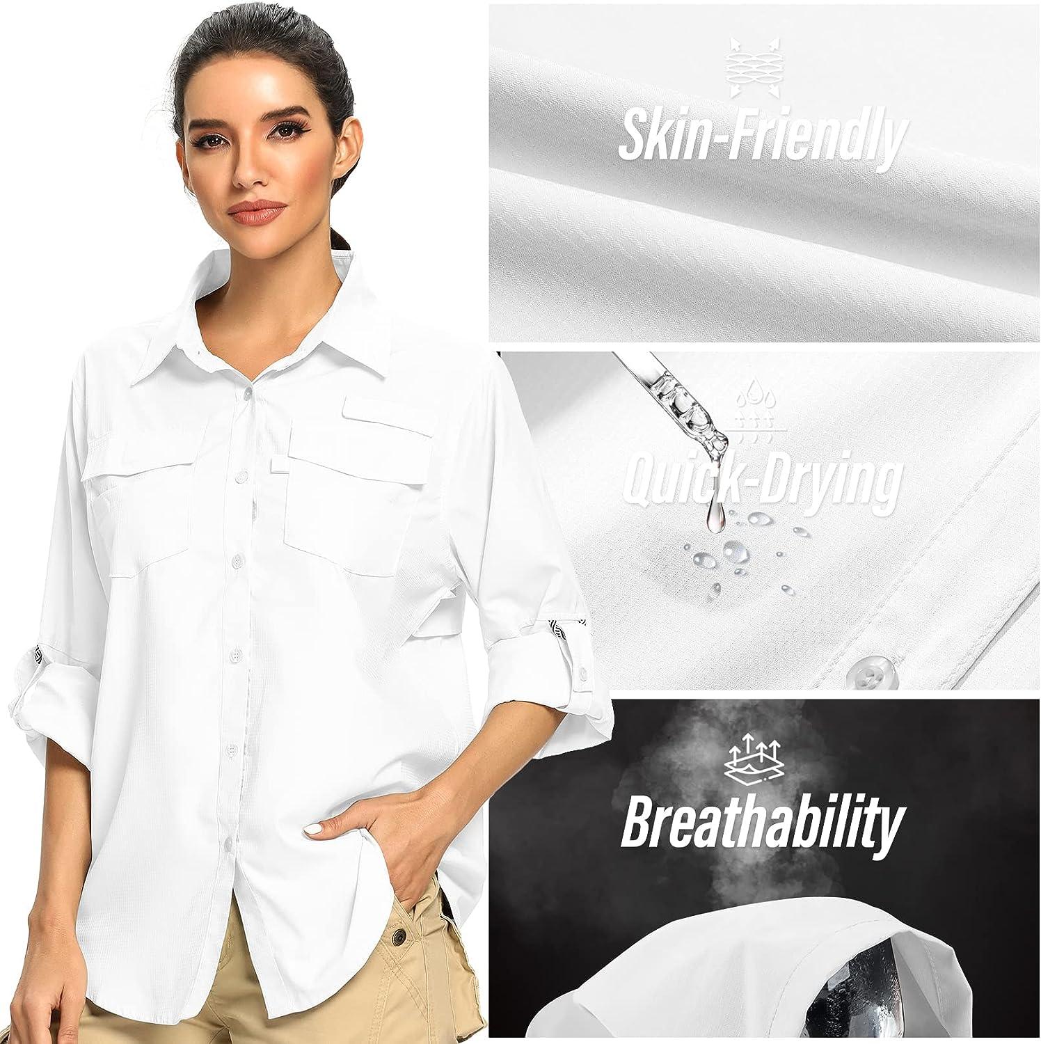 Women's UPF 50 Long Sleeve Safari Shirts,Sun Protection Quick Dry Outdoor  Fishing Hiking Gardening Shirt 6 White Medium