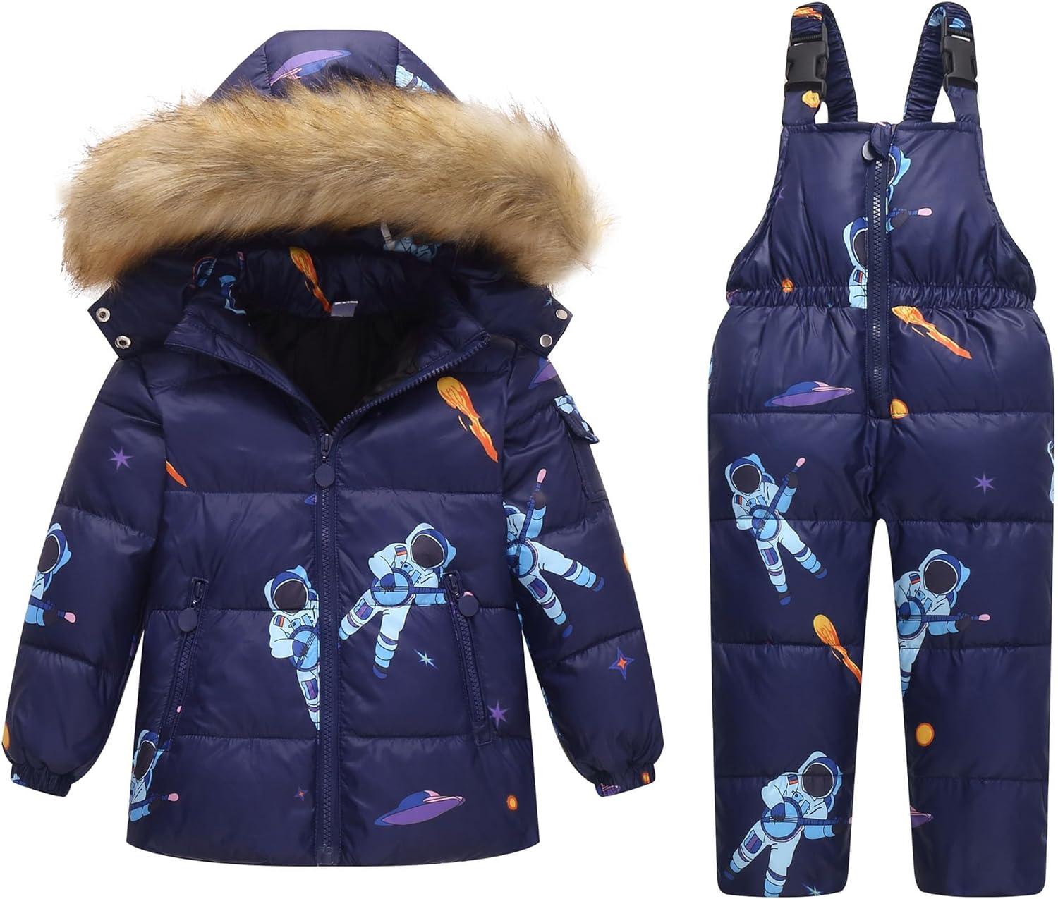 Kids 2-Piece Winter Puffer Jacket and Snow Bib Pants Set Hooded