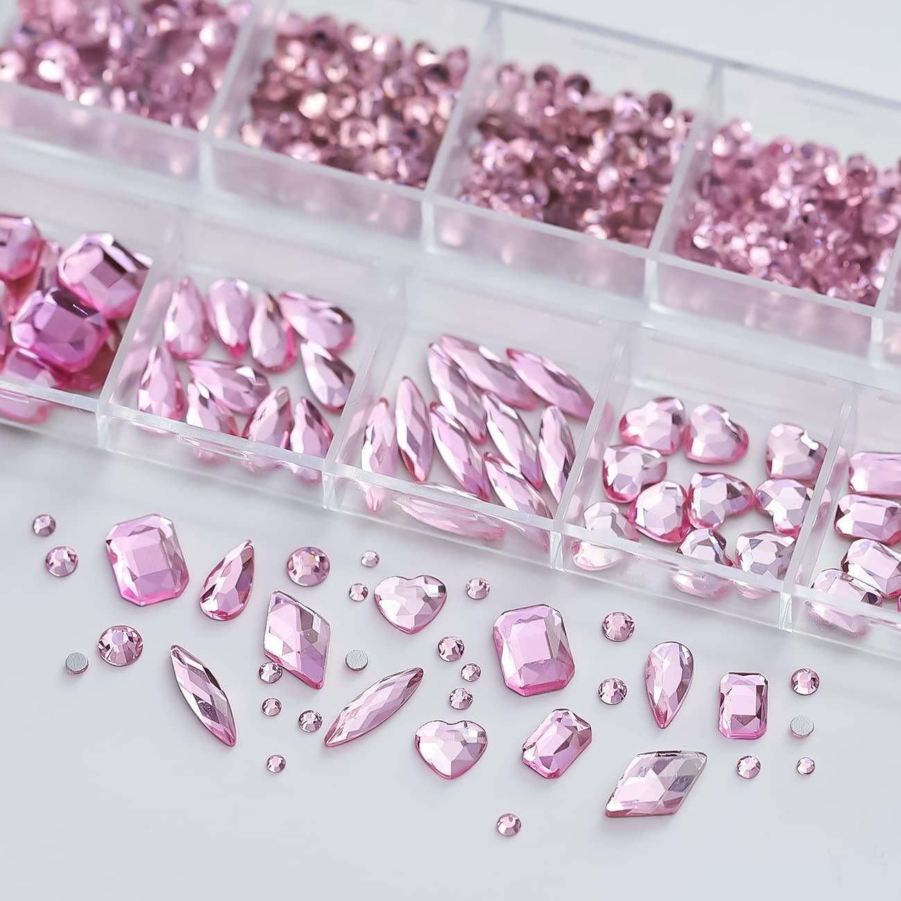 qiipii 24 Styles Pink Rhinestones Nail Crystals Multi Shapes Flatback Light  Pink Gems Round Beads K9 Glass Stones Diamonds Jewels Nail Art Supplies
