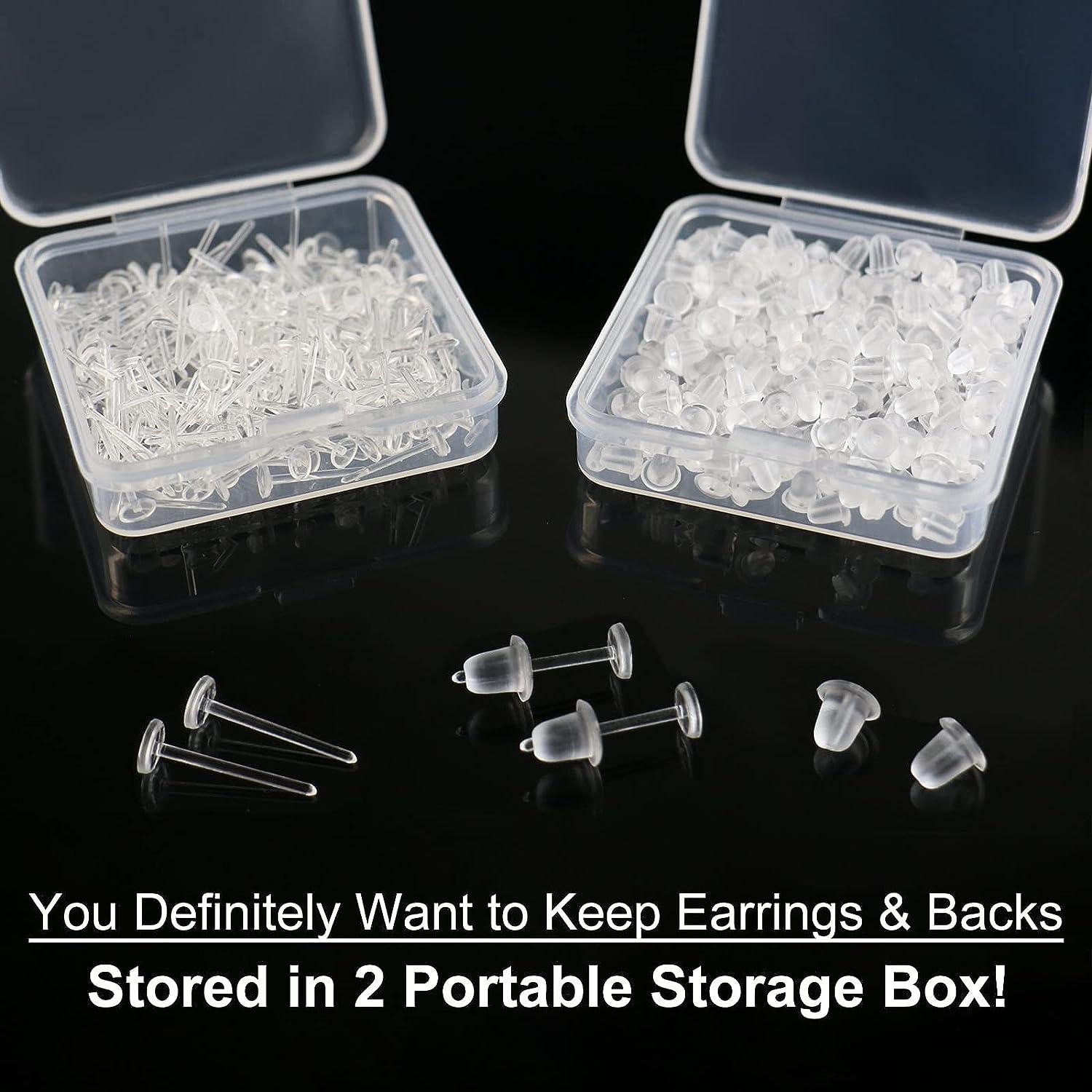 Clear Earrings For Sports, 400Pcs 18g Plastic Earrings For Sensitive Ears,  Clear Stud Earrings for Work with Solid Plastic Posts and Soft Rubber Earring  Backs in 2 Organizer Box 4mm Flat-Head Clear