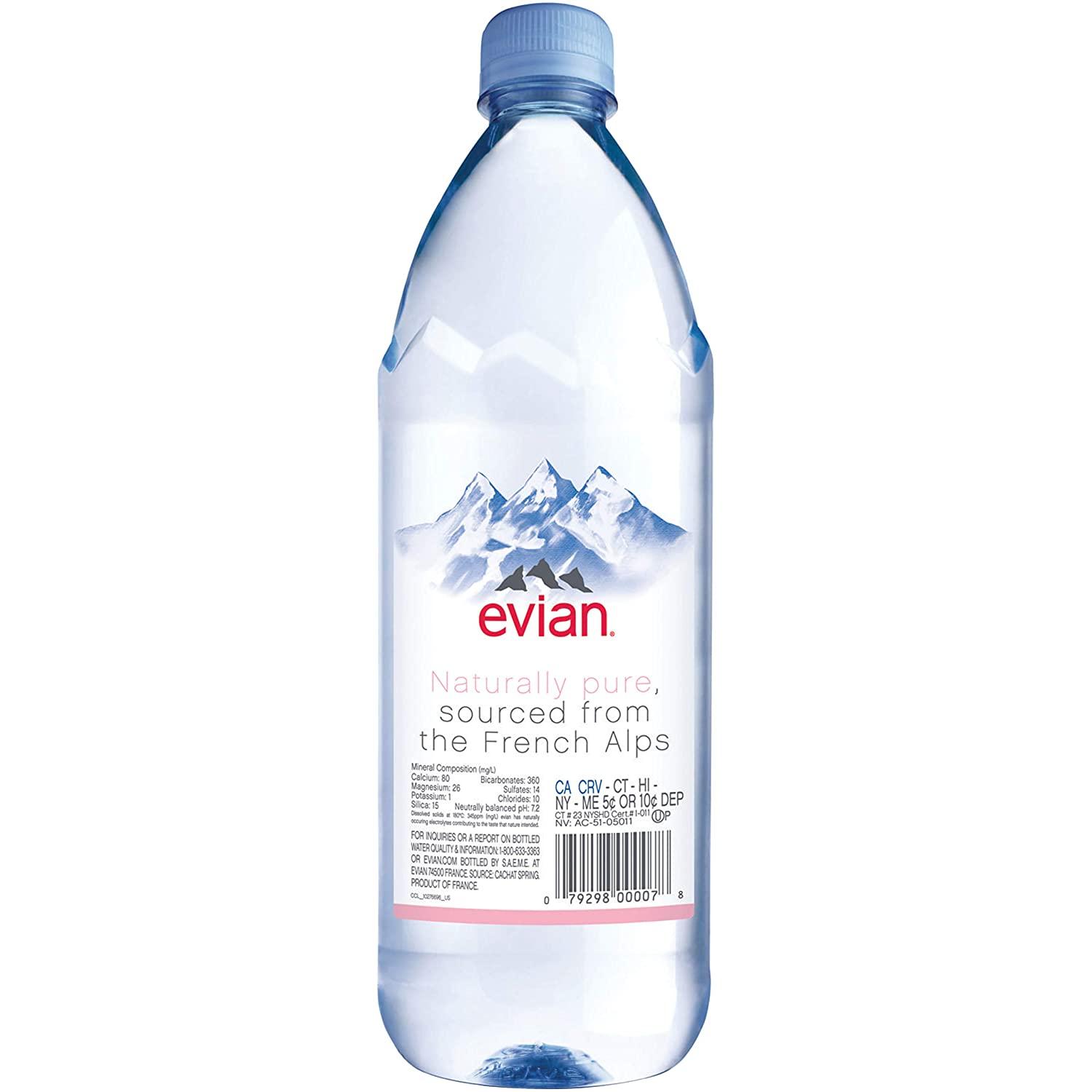 evian Natural Spring Water Liter (Pack of 6) Large Bottles of