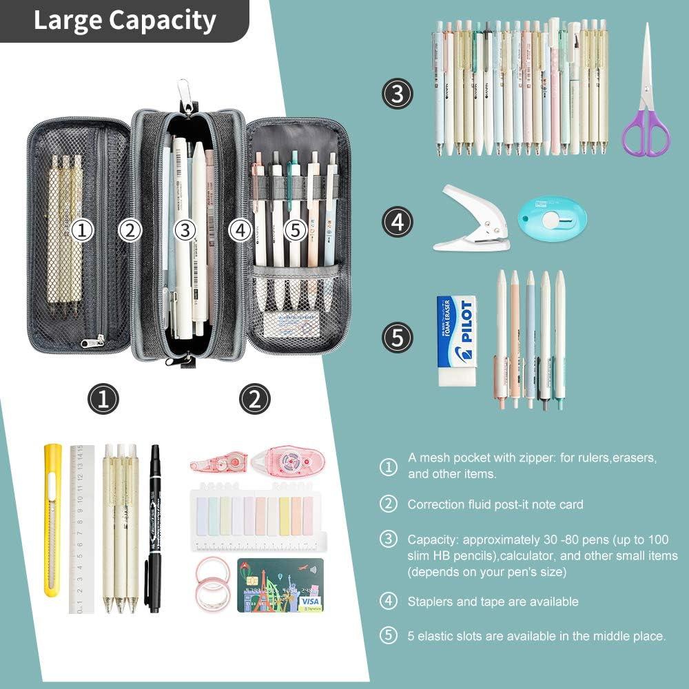 Vnieetsr Large Pencil Case Big Capacity Pencil Bag Large Storage Pouch 3  Compartments Desk Organizer Marker Pen Case Simple Stationery Bag Pencil  Holder (Gray)