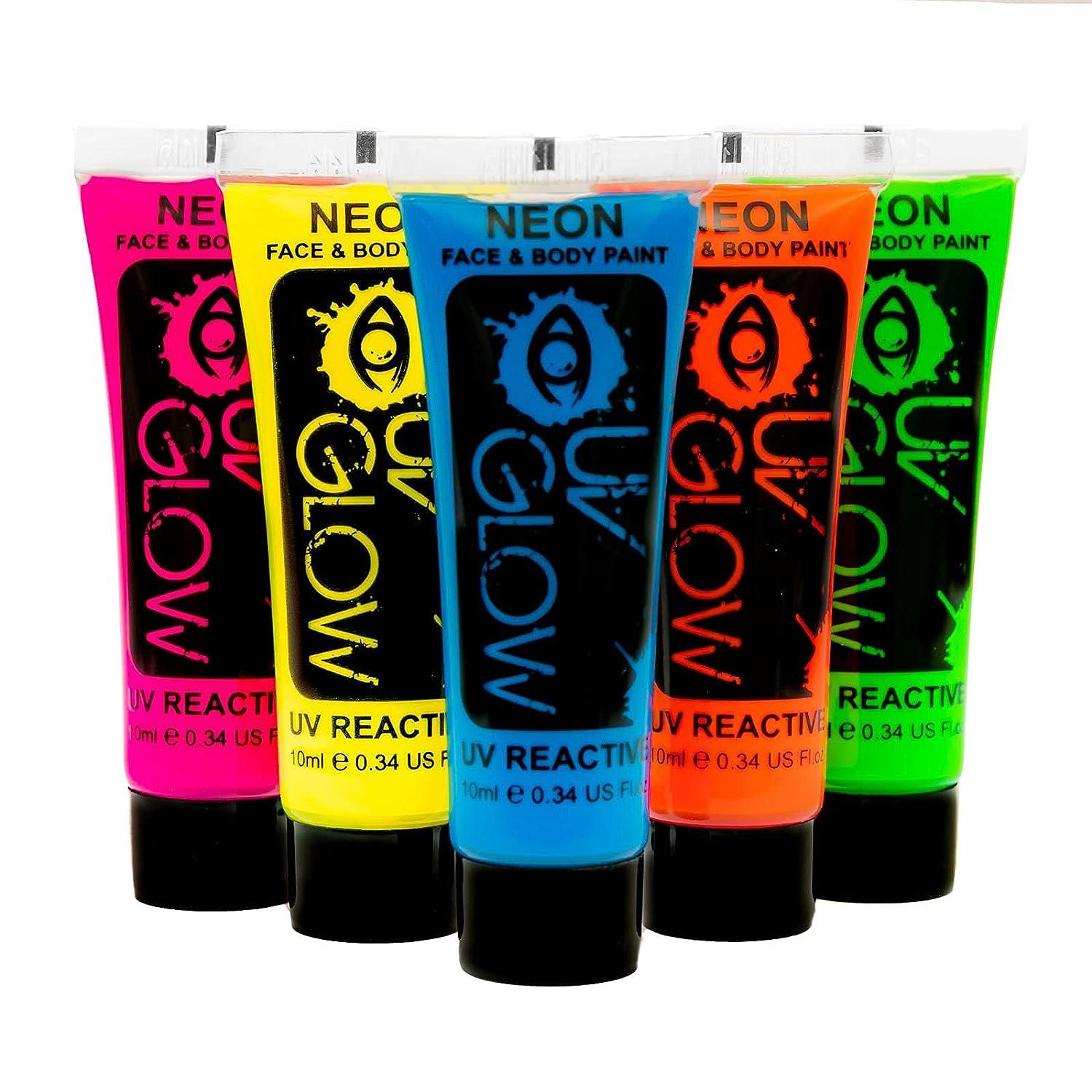 UV Glow Blacklight Neon Face & Body Paint Set 0.34oz (5 Tubes) Fluorescent & Super Bright